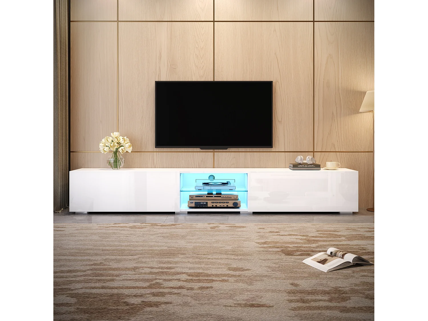TV-möbel 200x30x30 cm - 2 blanklackerade dörrar - Inbyggd LED-belysning - Genomskinlig hylla - MDF - Vit