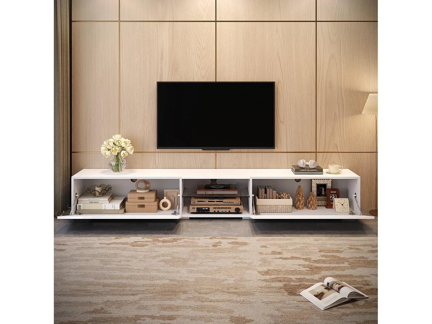 TV-möbel 200x30x30 cm - 2 blanklackerade dörrar - Inbyggd LED-belysning - Genomskinlig hylla - MDF - Vit
