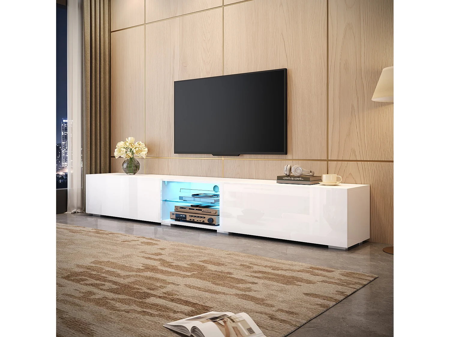 TV-möbel 200x30x30 cm - 2 blanklackerade dörrar - Inbyggd LED-belysning - Genomskinlig hylla - MDF - Vit