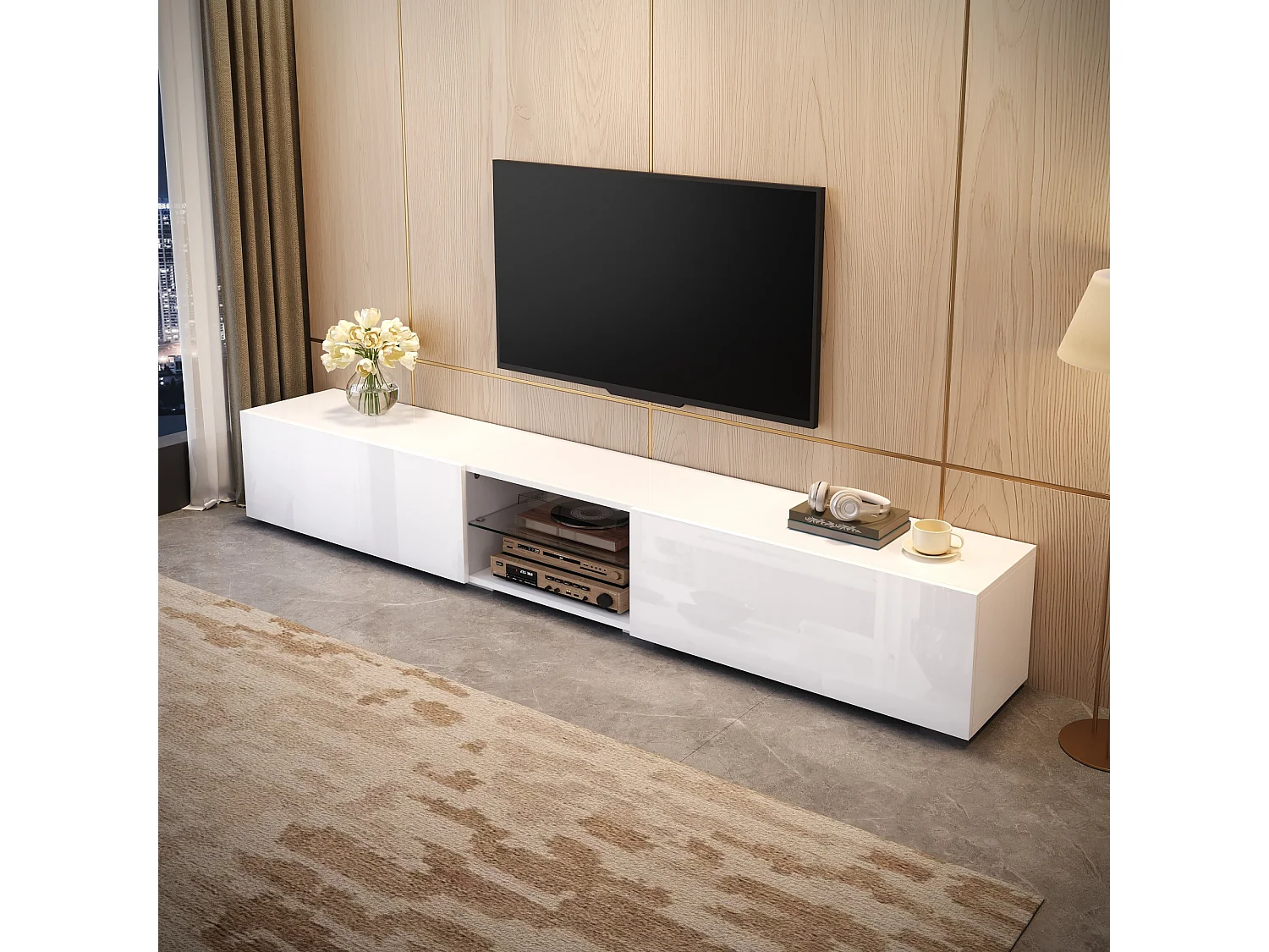 TV-möbel 200x30x30 cm - 2 blanklackerade dörrar - Inbyggd LED-belysning - Genomskinlig hylla - MDF - Vit