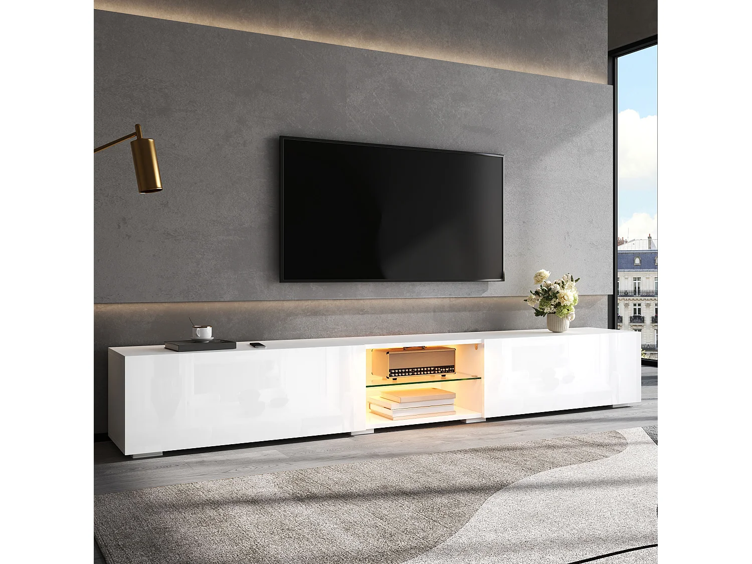 TV-möbel 200x30x30 cm - 2 blanklackerade dörrar - Inbyggd LED-belysning - Genomskinlig hylla - MDF - Vit