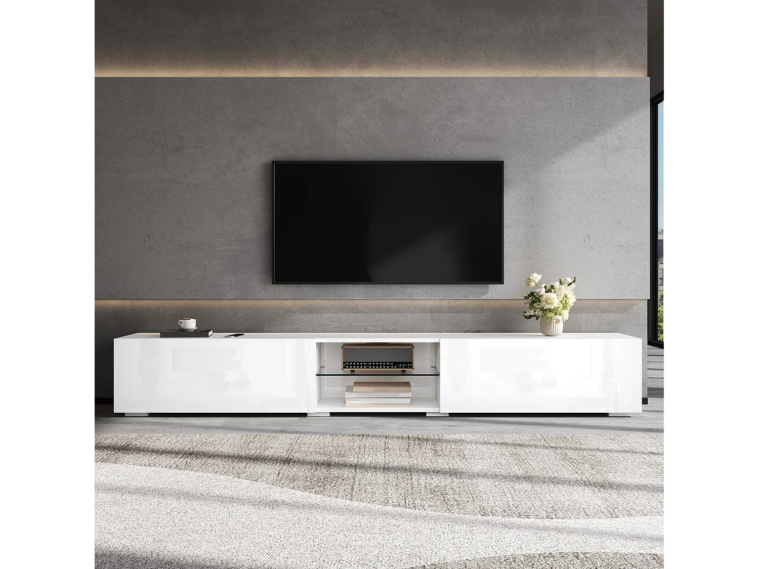 TV-möbel 200x30x30 cm - 2 blanklackerade dörrar - Inbyggd LED-belysning - Genomskinlig hylla - MDF - Vit