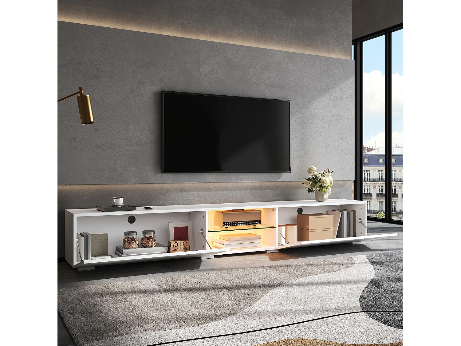 TV-möbel 200x30x30 cm - 2 blanklackerade dörrar - Inbyggd LED-belysning - Genomskinlig hylla - MDF - Vit