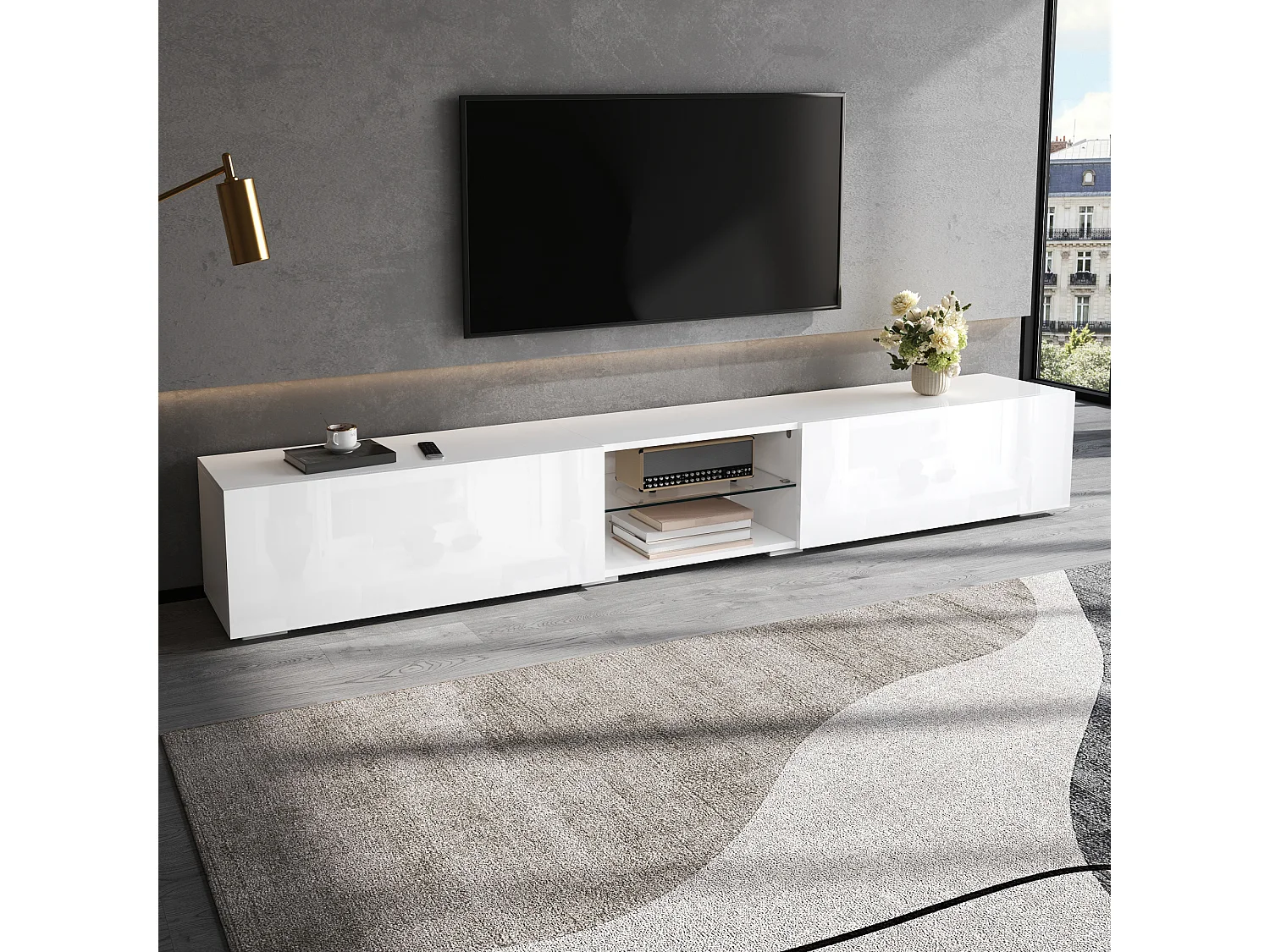 TV-möbel 200x30x30 cm - 2 blanklackerade dörrar - Inbyggd LED-belysning - Genomskinlig hylla - MDF - Vit