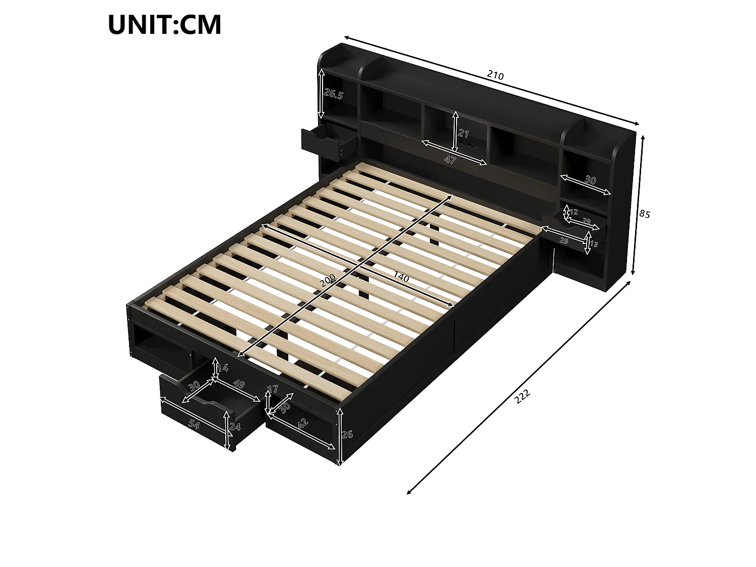 Dubbelsäng 140x200 cm - Sänggavel med förvaring - 3 lådor och förvaringsfack - LED och USB-port - Svart (utan madrass)