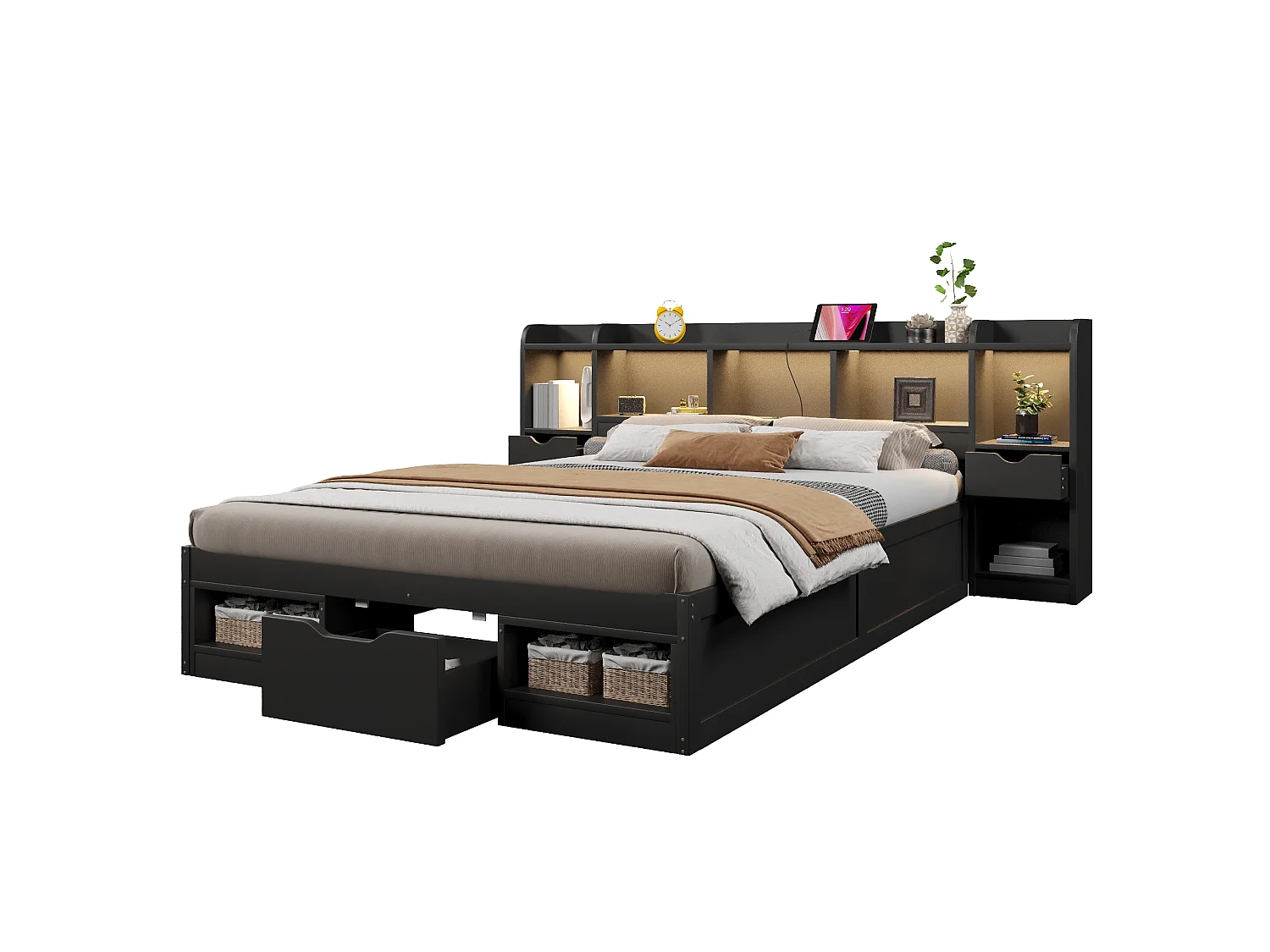 Dubbelsäng 140x200 cm - Sänggavel med förvaring - 3 lådor och förvaringsfack - LED och USB-port - Svart (utan madrass)