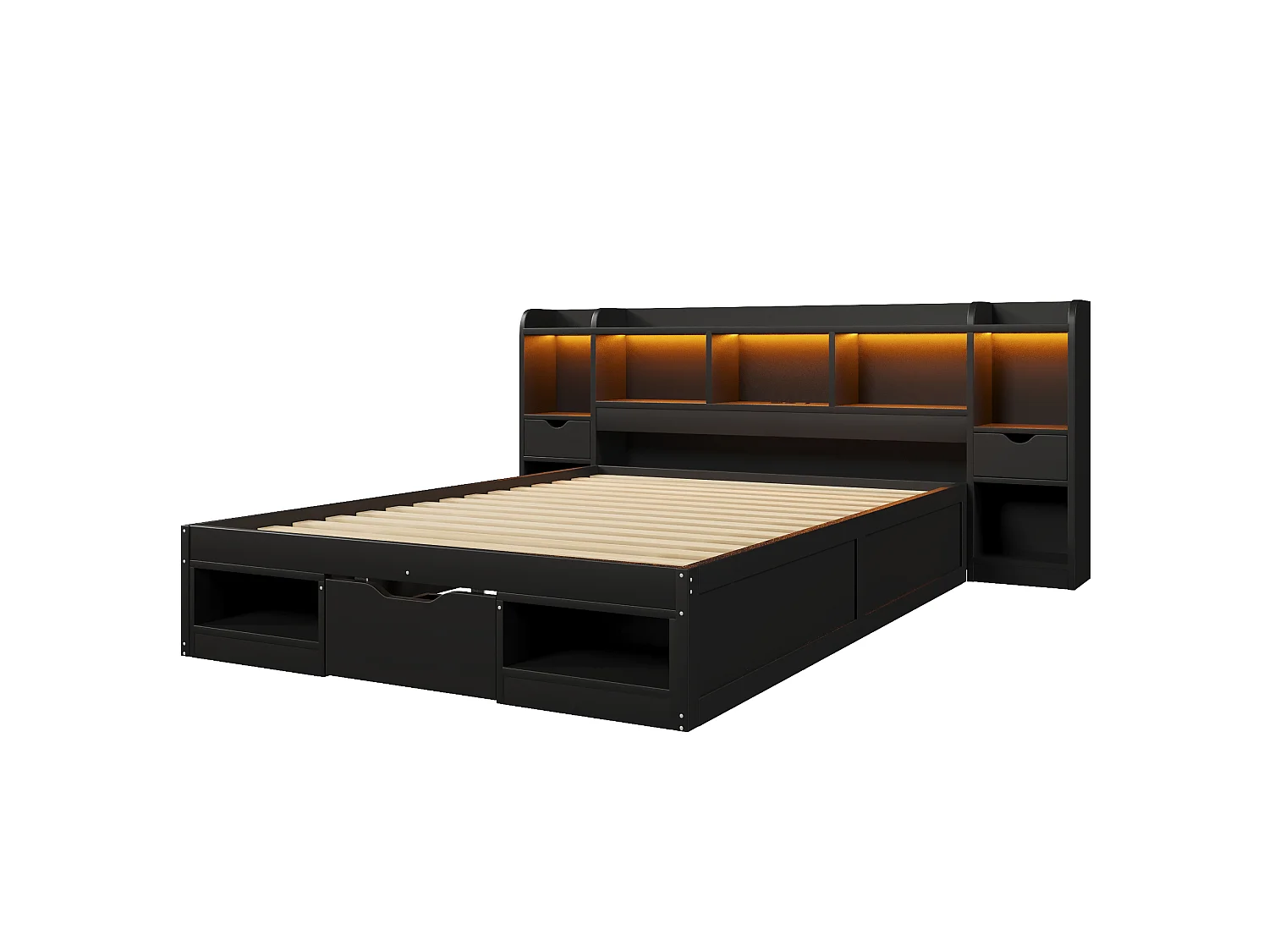 Dubbelsäng 140x200 cm - Sänggavel med förvaring - 3 lådor och förvaringsfack - LED och USB-port - Svart (utan madrass)