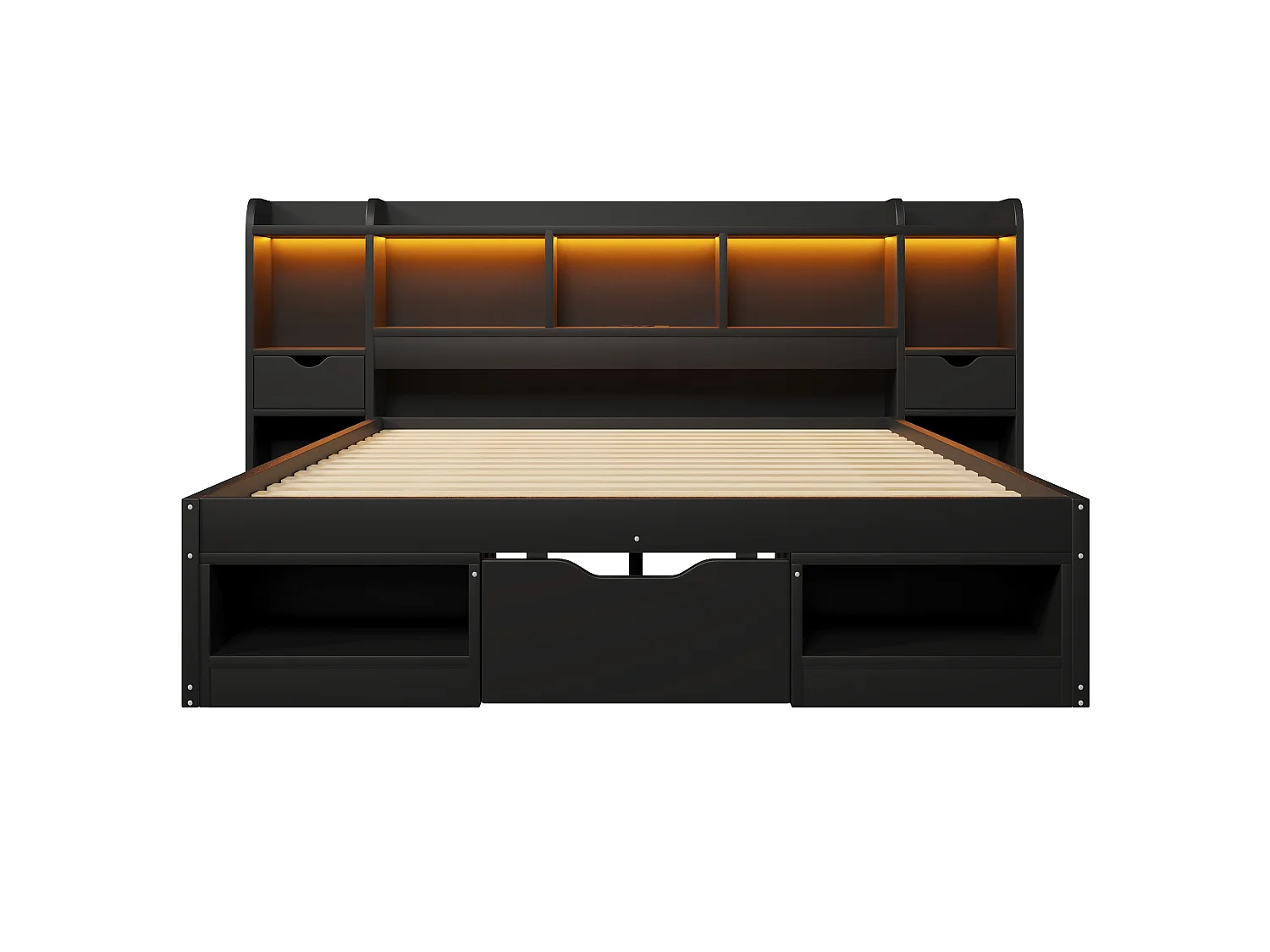 Dubbelsäng 140x200 cm - Sänggavel med förvaring - 3 lådor och förvaringsfack - LED och USB-port - Svart (utan madrass)