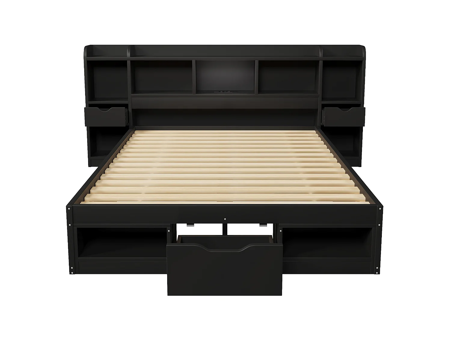 Dubbelsäng 140x200 cm - Sänggavel med förvaring - 3 lådor och förvaringsfack - LED och USB-port - Svart (utan madrass)
