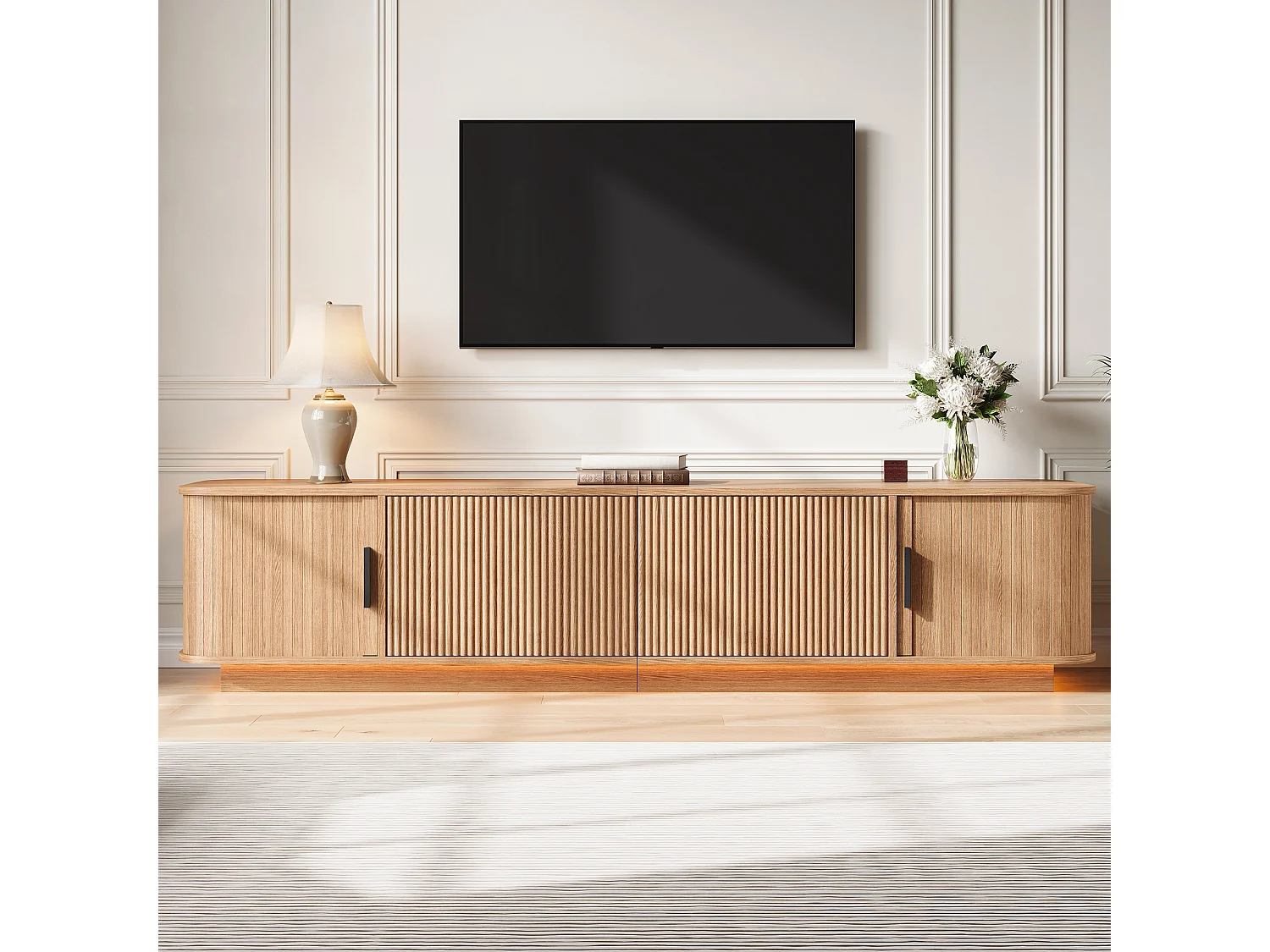 Meuble TV d'angle arrondi 180x40x40 cm - Éclairage LED - 2 tiroirs à motif ondulé et 2 portes coulissantes - MDF - Naturel