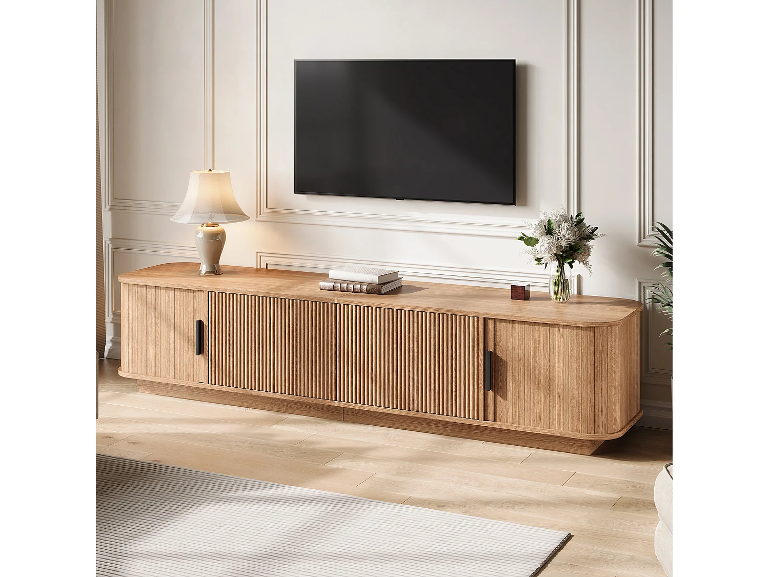 Meuble TV d'angle arrondi 180x40x40 cm - Éclairage LED - 2 tiroirs à motif ondulé et 2 portes coulissantes - MDF - Naturel