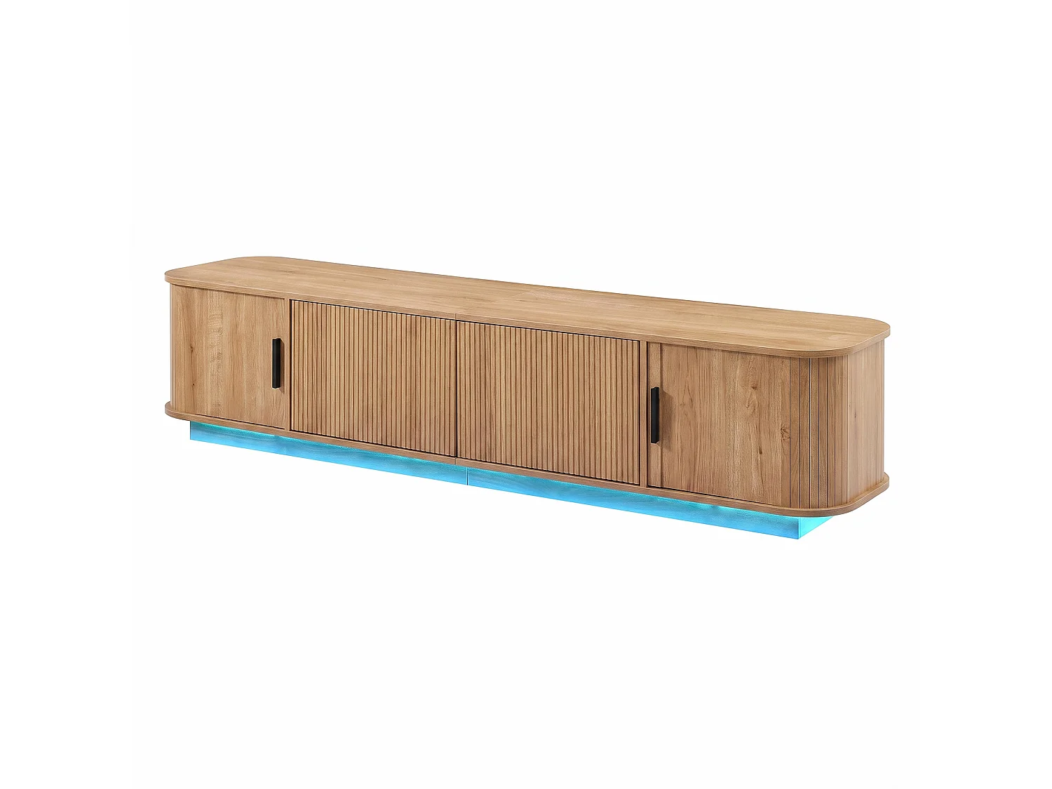 Meuble TV d'angle arrondi 180x40x40 cm - Éclairage LED - 2 tiroirs à motif ondulé et 2 portes coulissantes - MDF - Naturel