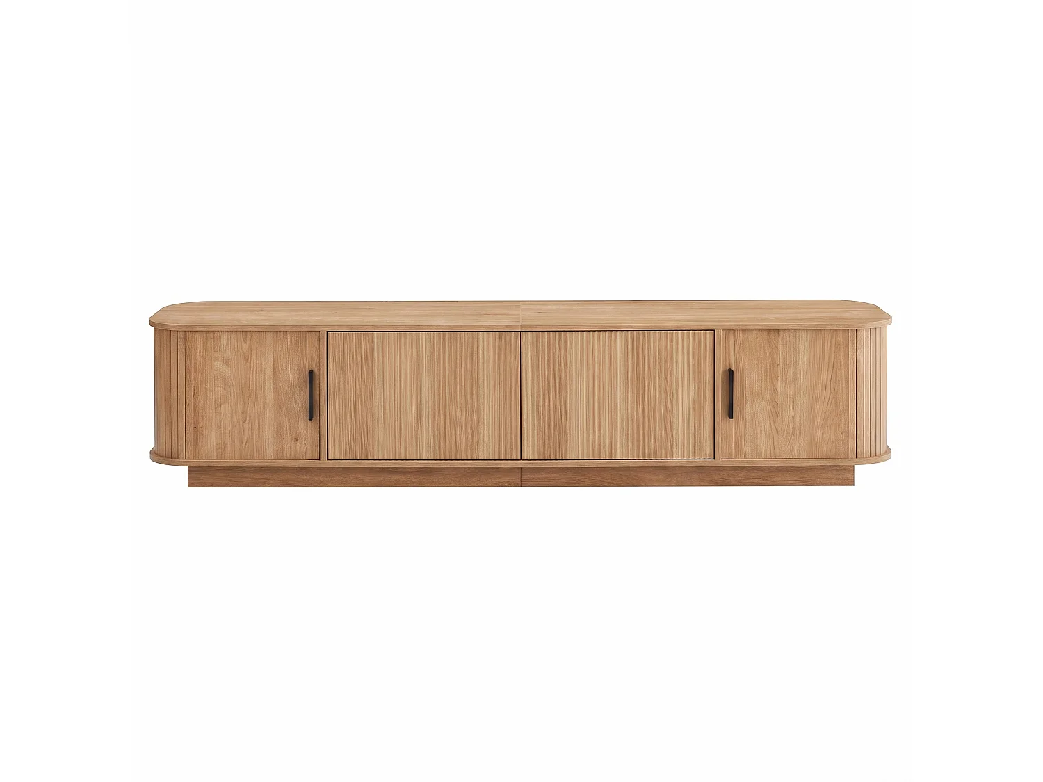 Meuble TV d'angle arrondi 180x40x40 cm - Éclairage LED - 2 tiroirs à motif ondulé et 2 portes coulissantes - MDF - Naturel