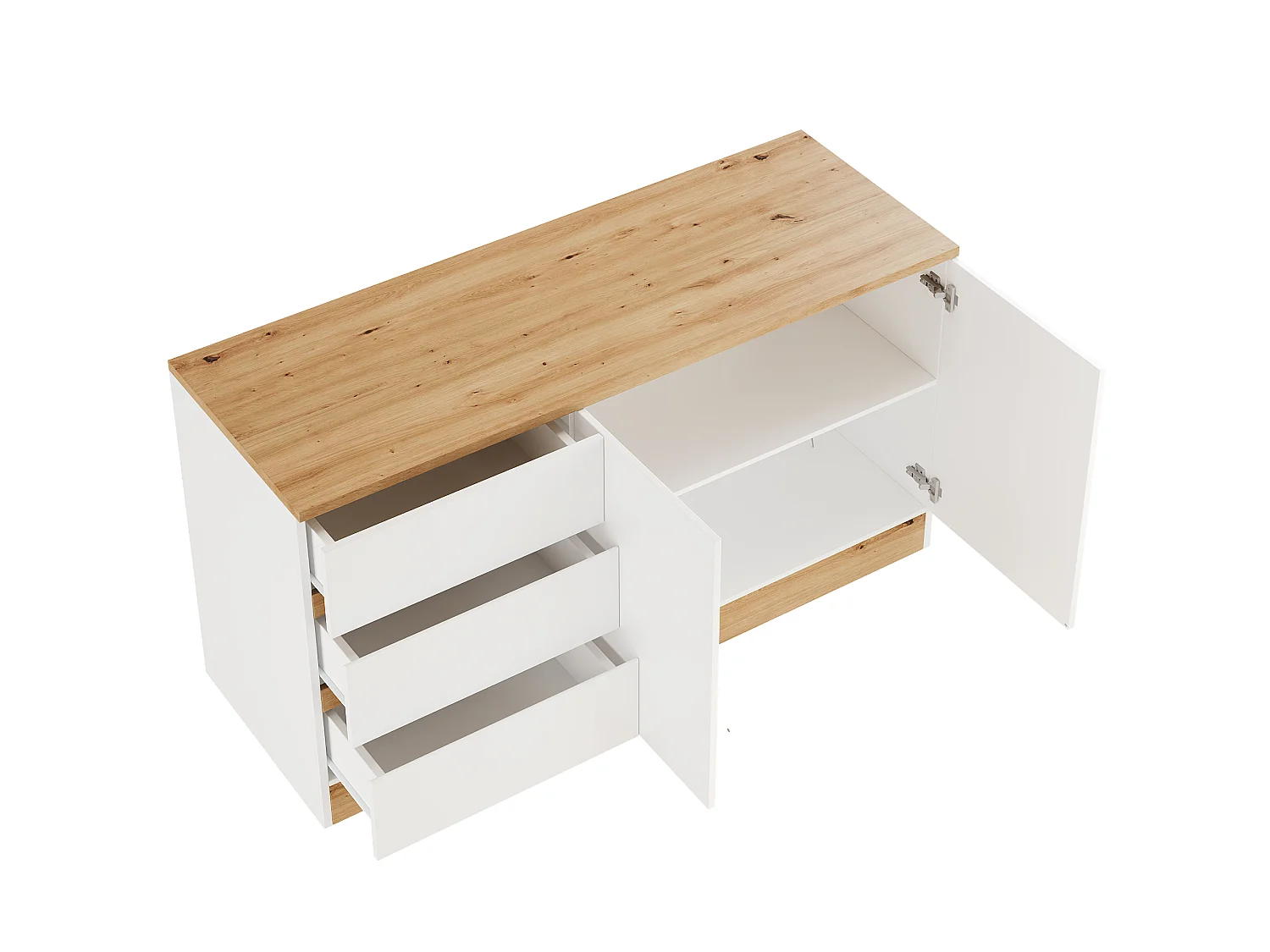 Svängbart och mobilt skrivbord - med låsbara hjul - 2 dörrar och 3 lådor - 4 cm tjock bordsskiva - Naturligt och vitt