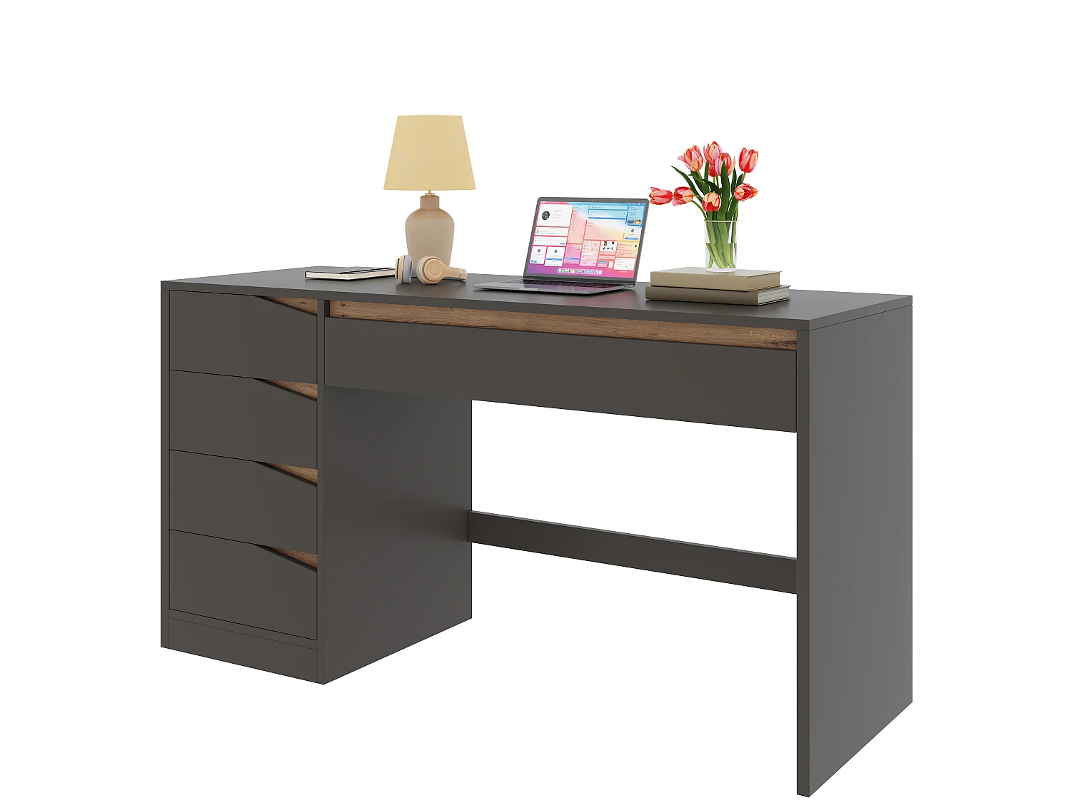 Bureau avec 5 tiroirs 140x50x78cm - Grand plateau - Coiffeuse avec rangements - Panneaux de particules - Blanc et naturel