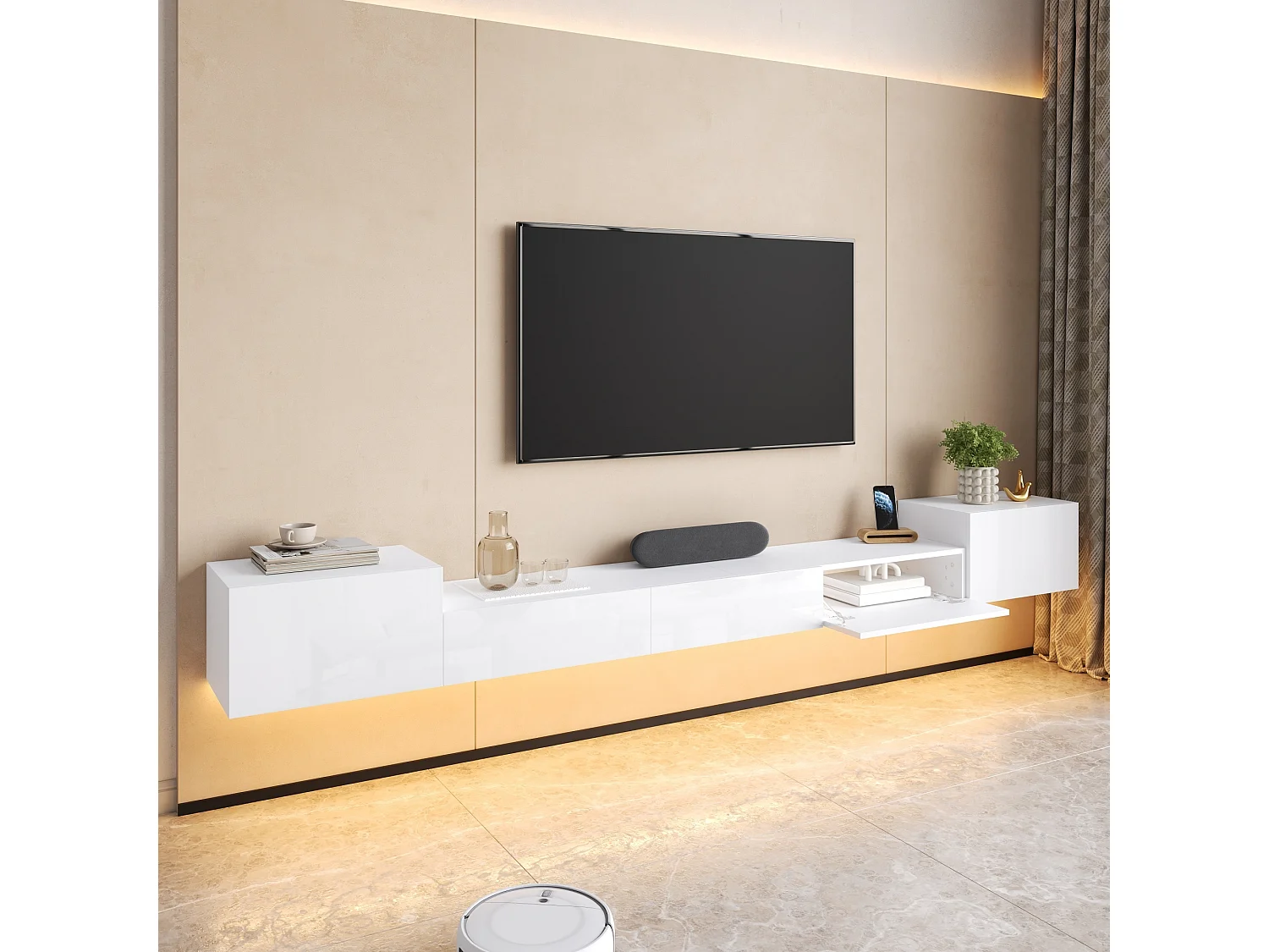 Väggmonterad TV-möbel 245 x 30 x 26 cm - 5 dörrar - LED-belysning - Blank finish - MDF - Vit