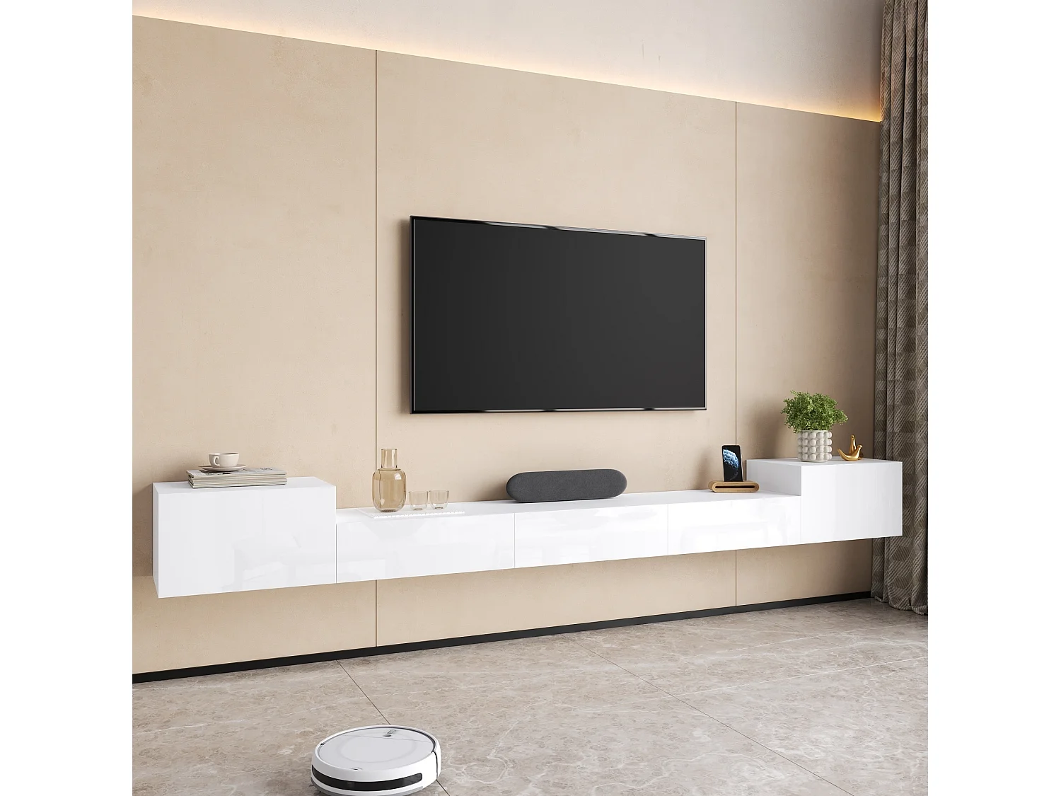 Väggmonterad TV-möbel 245 x 30 x 26 cm - 5 dörrar - LED-belysning - Blank finish - MDF - Vit