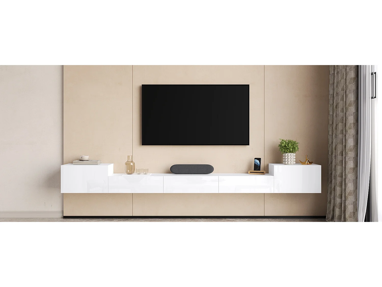 Väggmonterad TV-möbel 245 x 30 x 26 cm - 5 dörrar - LED-belysning - Blank finish - MDF - Vit