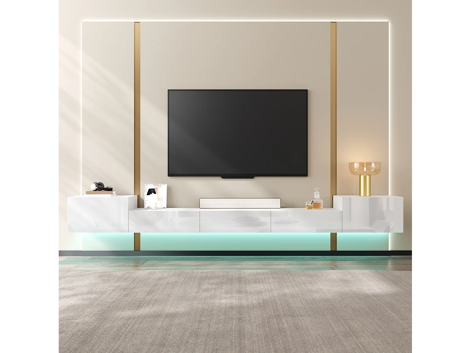 Väggmonterad TV-möbel 245 x 30 x 26 cm - 5 dörrar - LED-belysning - Blank finish - MDF - Vit
