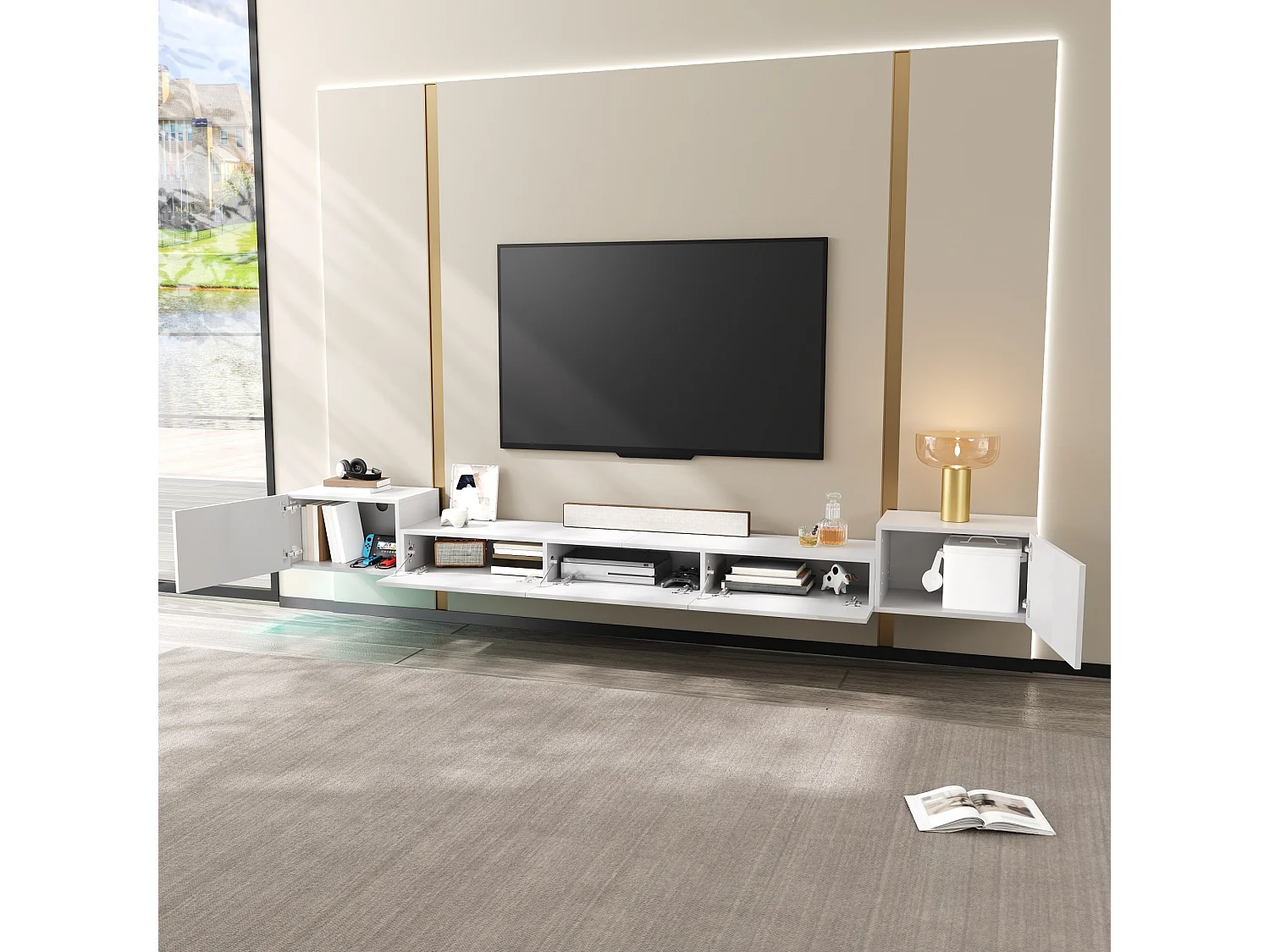 Väggmonterad TV-möbel 245 x 30 x 26 cm - 5 dörrar - LED-belysning - Blank finish - MDF - Vit