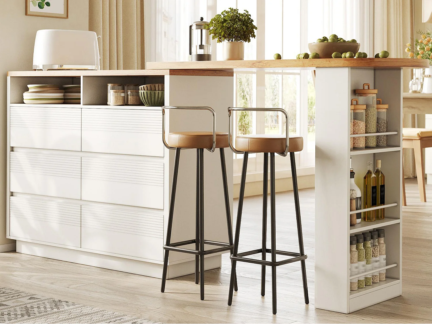 Uitschuifbaar kookeiland 137-215 cm - Draaibare bartafel - 6 opberglades - Mobiel ontwerp met wielen - MDF - Wit