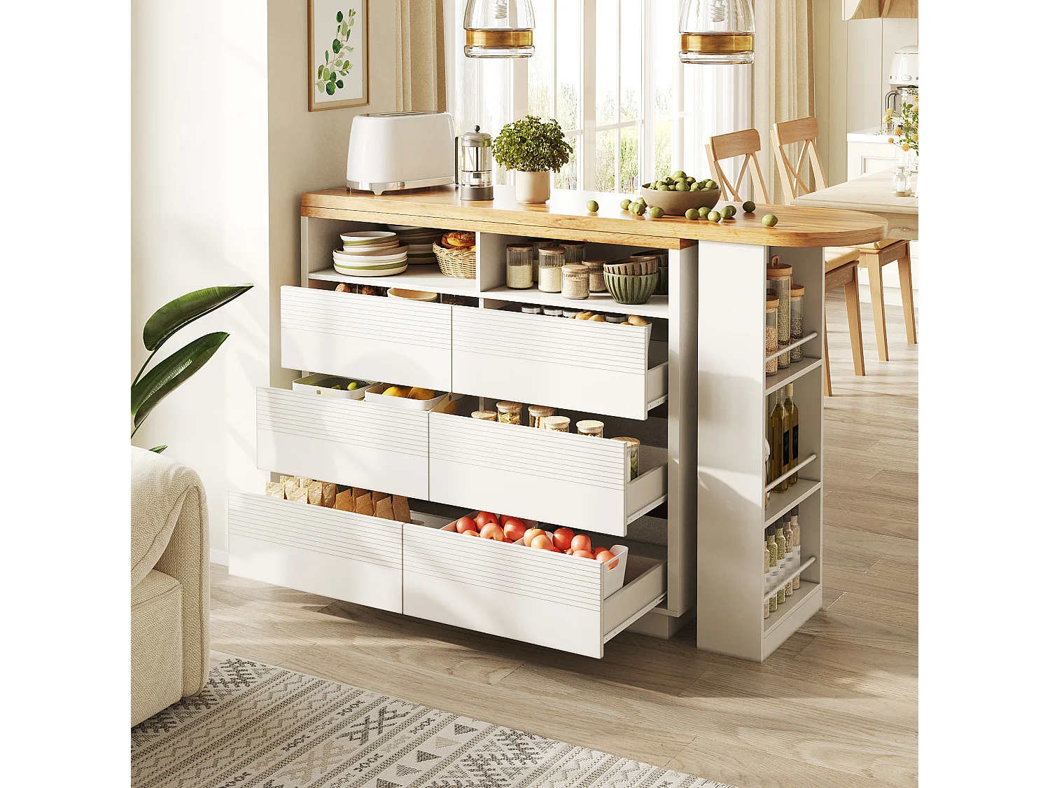 Uitschuifbaar kookeiland 137-215 cm - Draaibare bartafel - 6 opberglades - Mobiel ontwerp met wielen - MDF - Wit