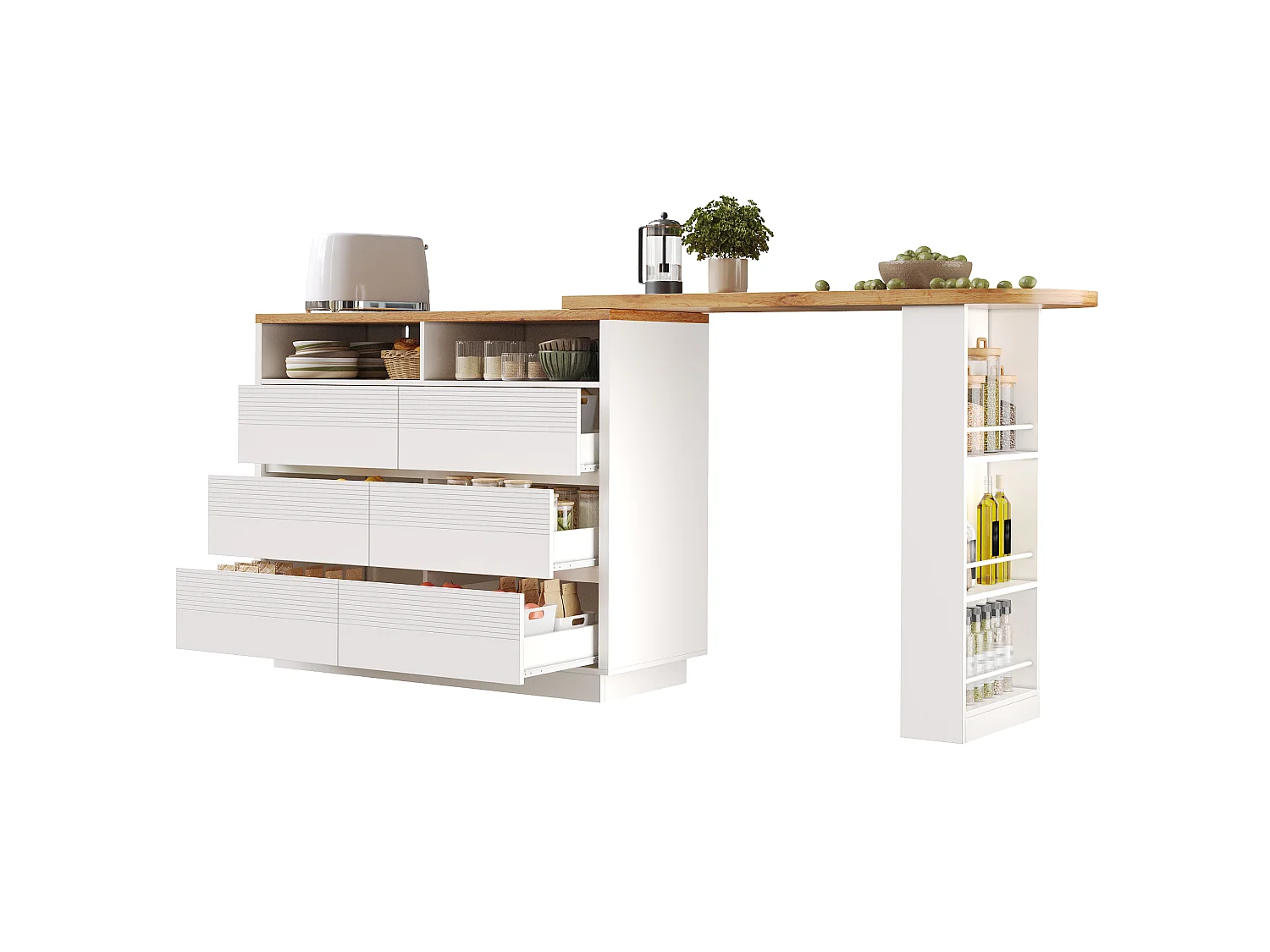 Uitschuifbaar kookeiland 137-215 cm - Draaibare bartafel - 6 opberglades - Mobiel ontwerp met wielen - MDF - Wit
