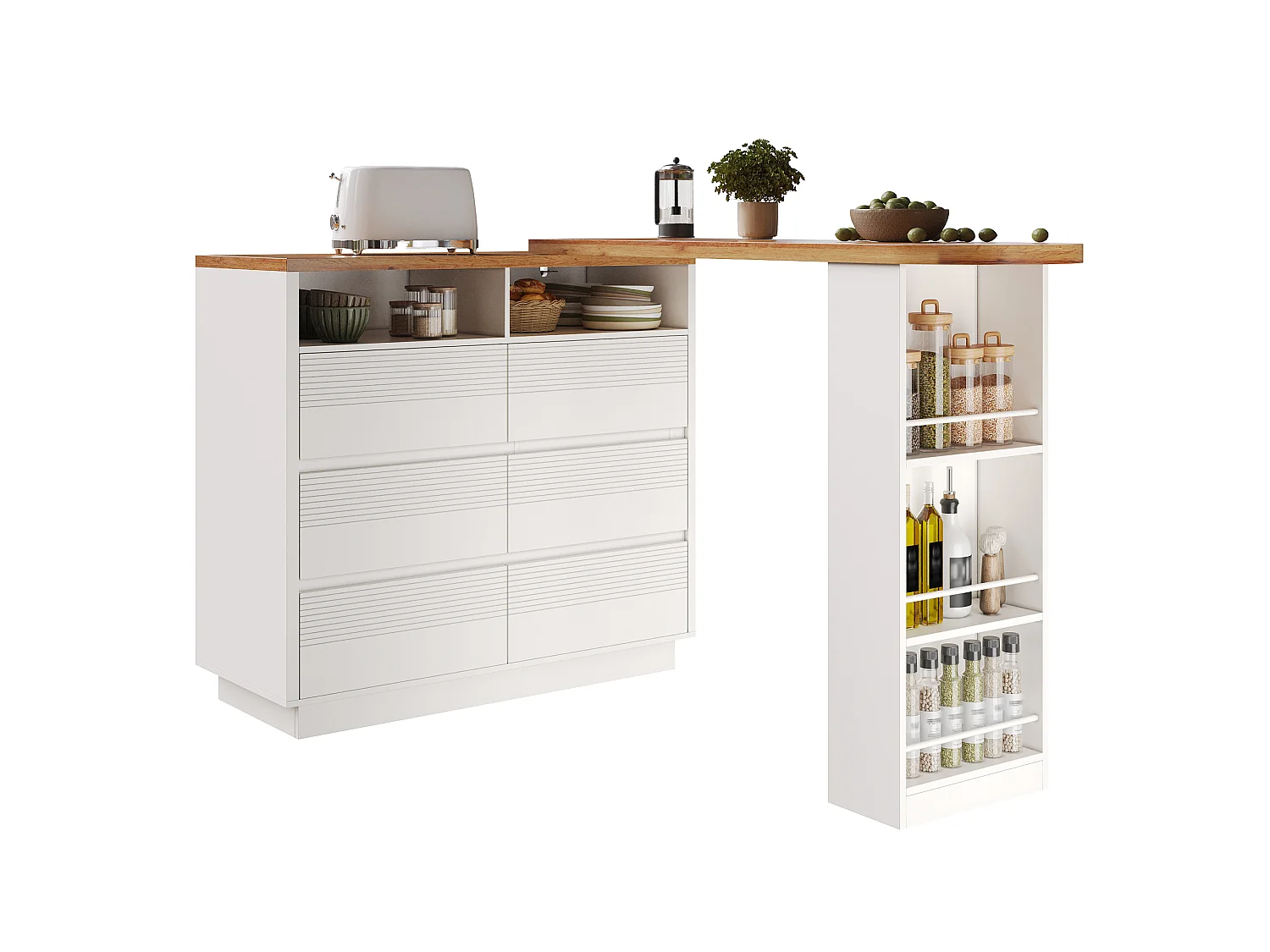 Uitschuifbaar kookeiland 137-215 cm - Draaibare bartafel - 6 opberglades - Mobiel ontwerp met wielen - MDF - Wit