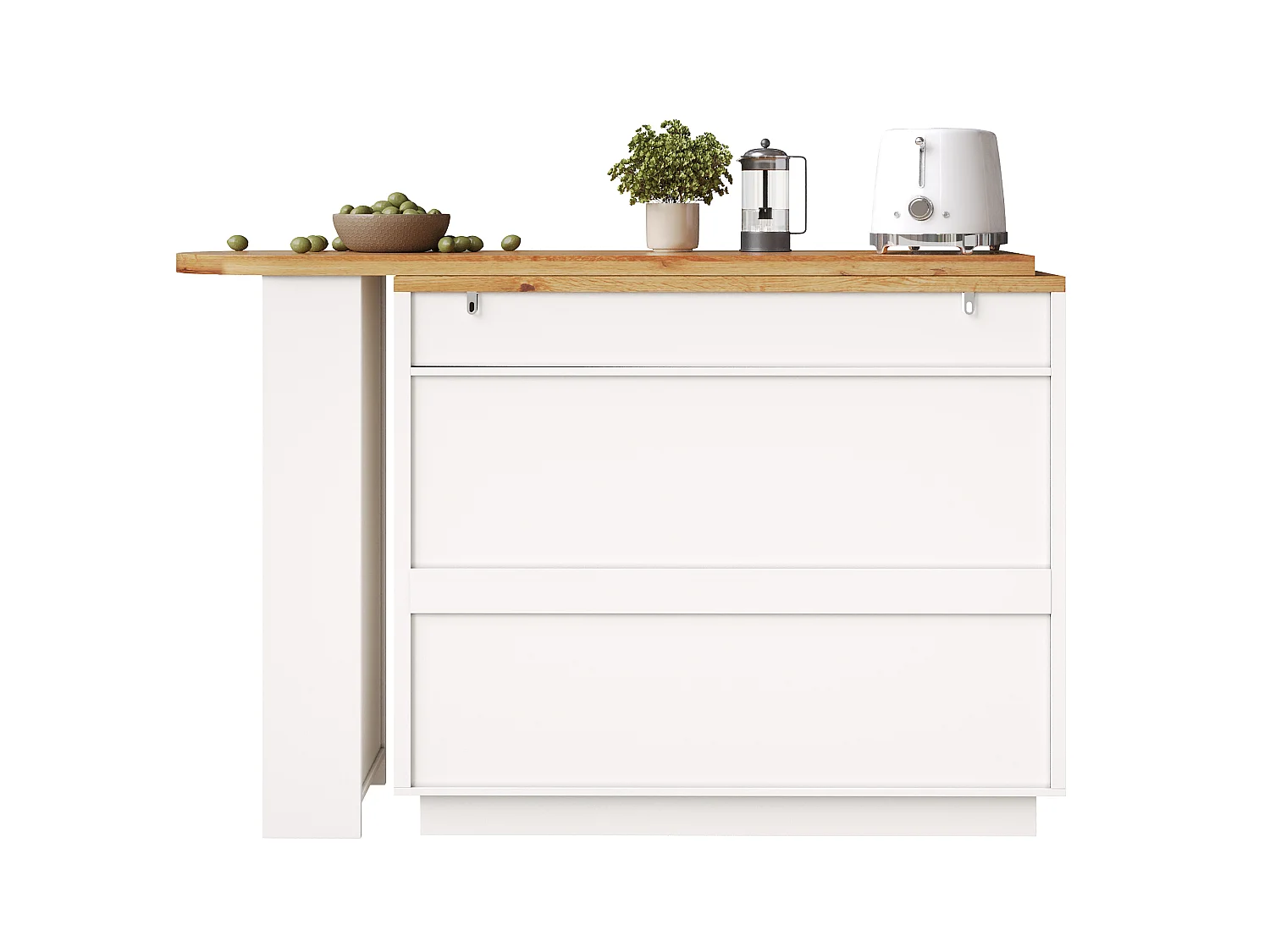 Uitschuifbaar kookeiland 137-215 cm - Draaibare bartafel - 6 opberglades - Mobiel ontwerp met wielen - MDF - Wit