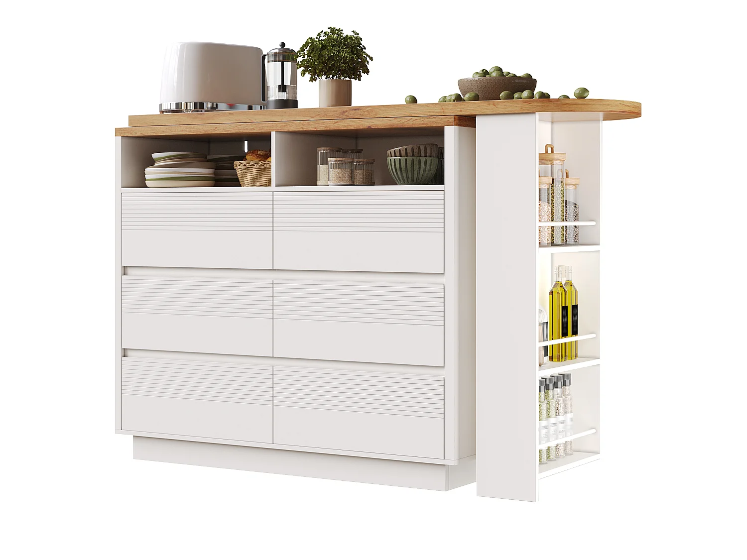 Uitschuifbaar kookeiland 137-215 cm - Draaibare bartafel - 6 opberglades - Mobiel ontwerp met wielen - MDF - Wit