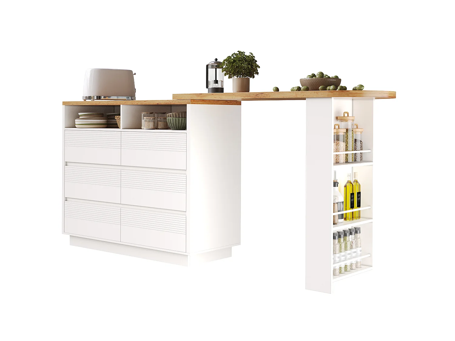 Uitschuifbaar kookeiland 137-215 cm - Draaibare bartafel - 6 opberglades - Mobiel ontwerp met wielen - MDF - Wit