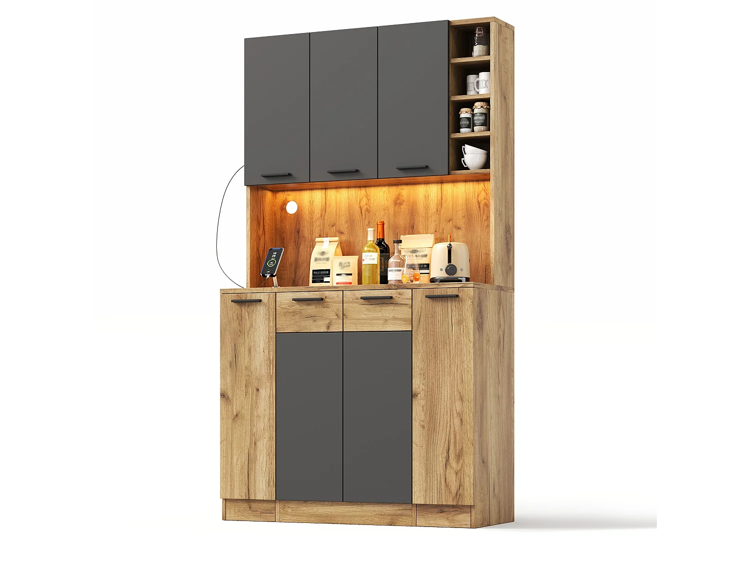 Buffet de cuisine 100x40x180cm - avec 5 portes et 4 tiroirs - avec éclairage LED - avec prise de courant - Noir + Naturel