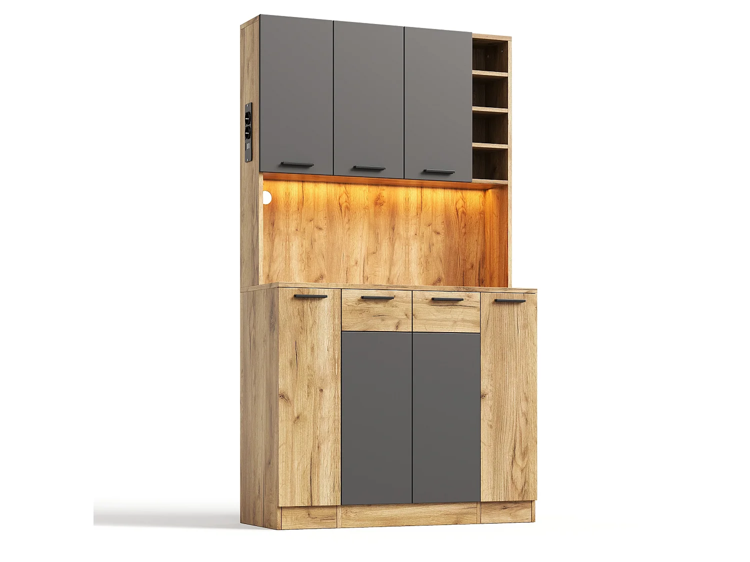 Buffet de cuisine 100x40x180cm - avec 5 portes et 4 tiroirs - avec éclairage LED - avec prise de courant - Noir + Naturel