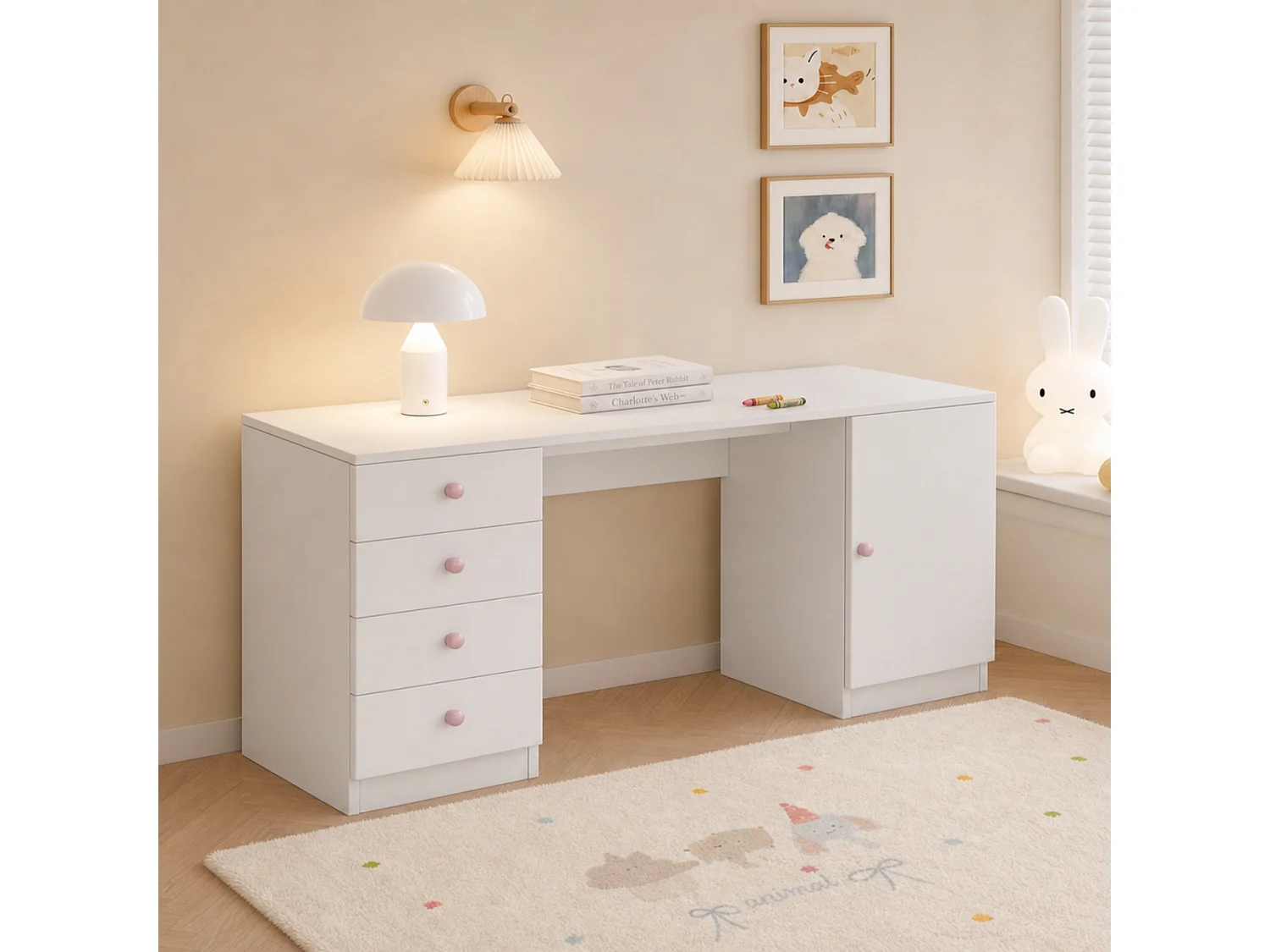 Barnskrivbord/arbetsbord - 4 lådor och 1 dörr - Handtag i keramik - 155x45x74 cm - MDF - Vit