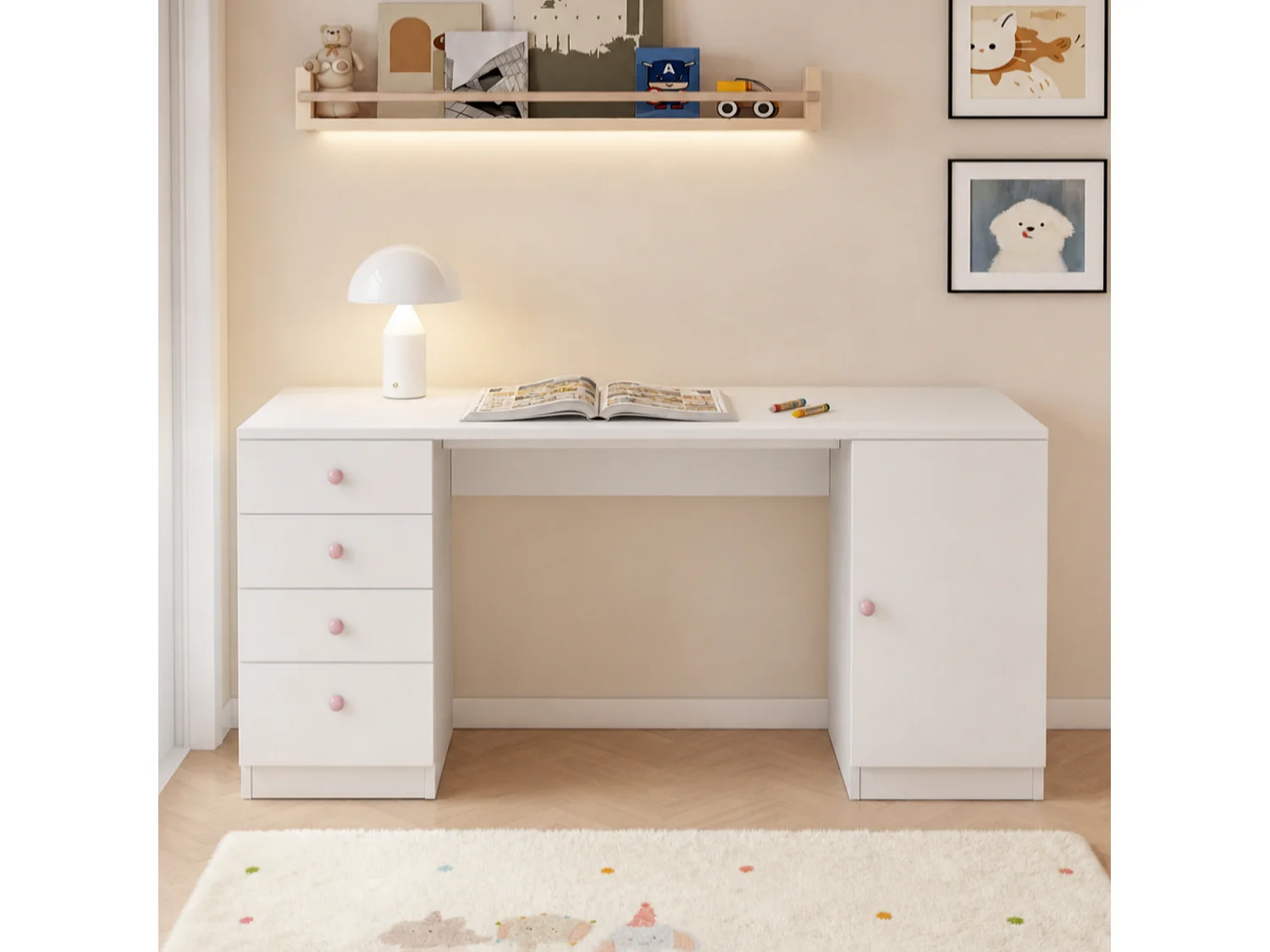 Barnskrivbord/arbetsbord - 4 lådor och 1 dörr - Handtag i keramik - 155x45x74 cm - MDF - Vit