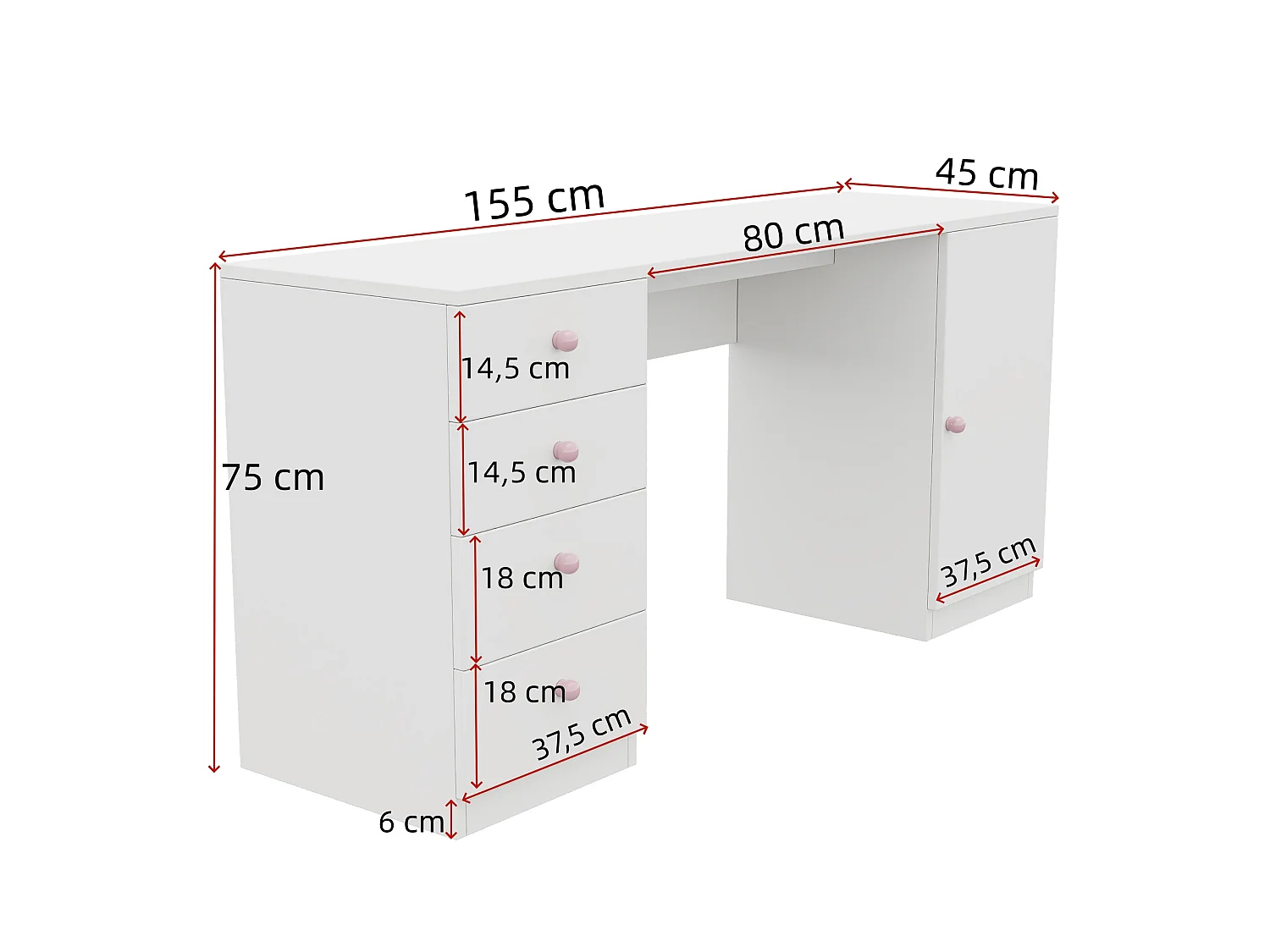 Barnskrivbord/arbetsbord - 4 lådor och 1 dörr - Handtag i keramik - 155x45x74 cm - MDF - Vit