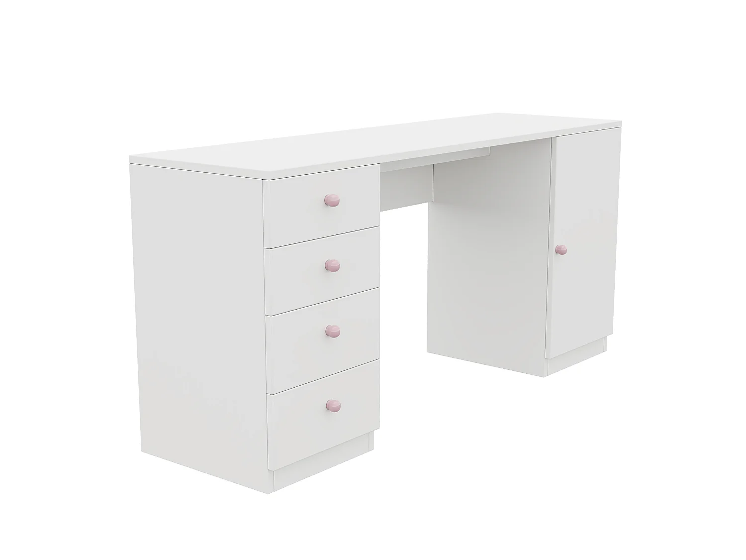 Barnskrivbord/arbetsbord - 4 lådor och 1 dörr - Handtag i keramik - 155x45x74 cm - MDF - Vit