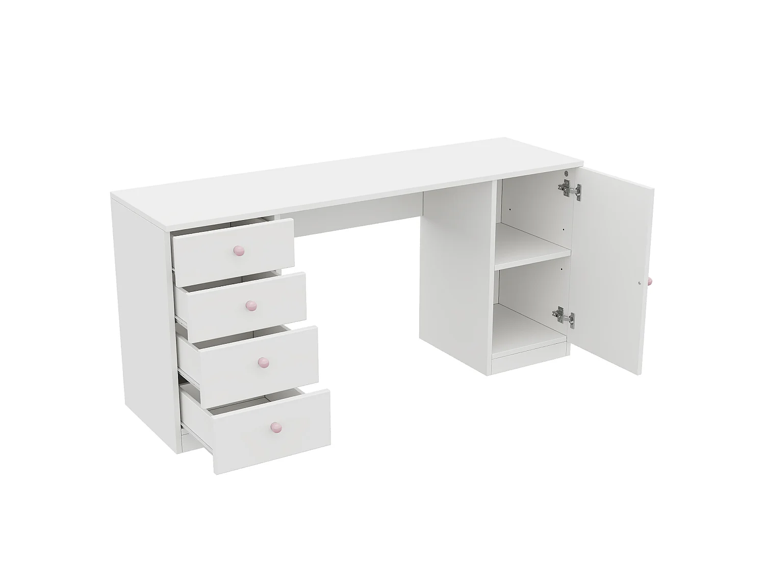 Barnskrivbord/arbetsbord - 4 lådor och 1 dörr - Handtag i keramik - 155x45x74 cm - MDF - Vit