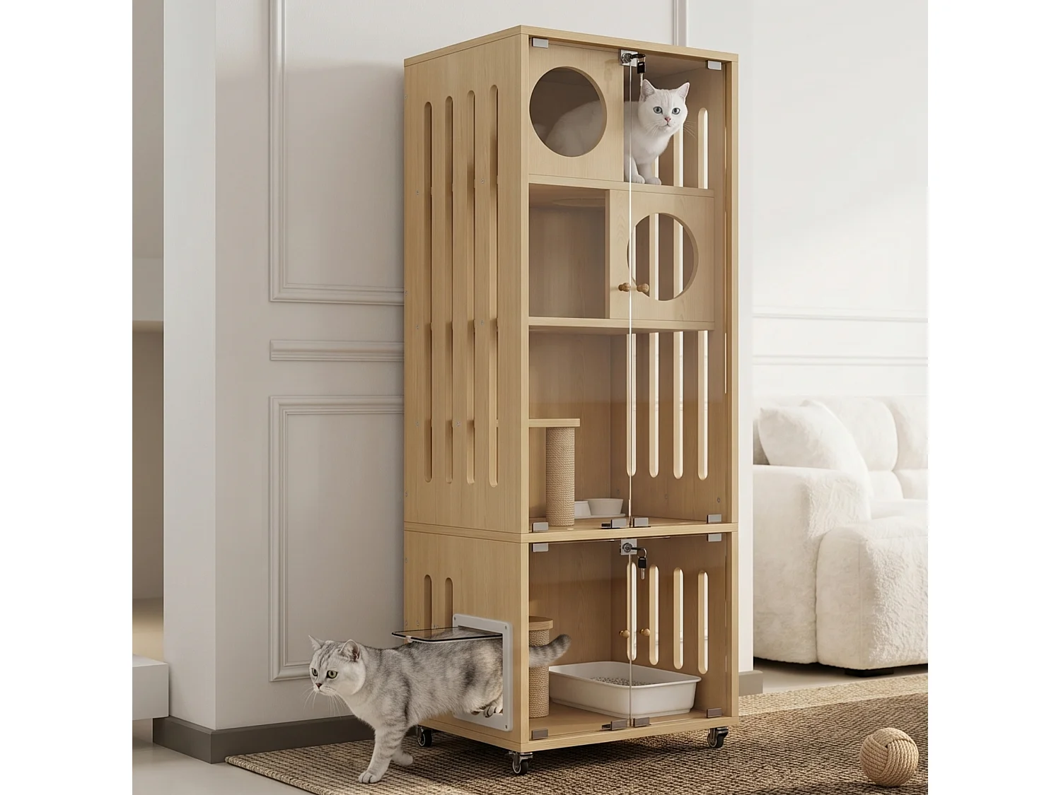 Maison pour chat, ville mobile pour chat, cage - Avec griffoir - Avec 2 portes vitrées - Naturel (Bac à litière non inclus)