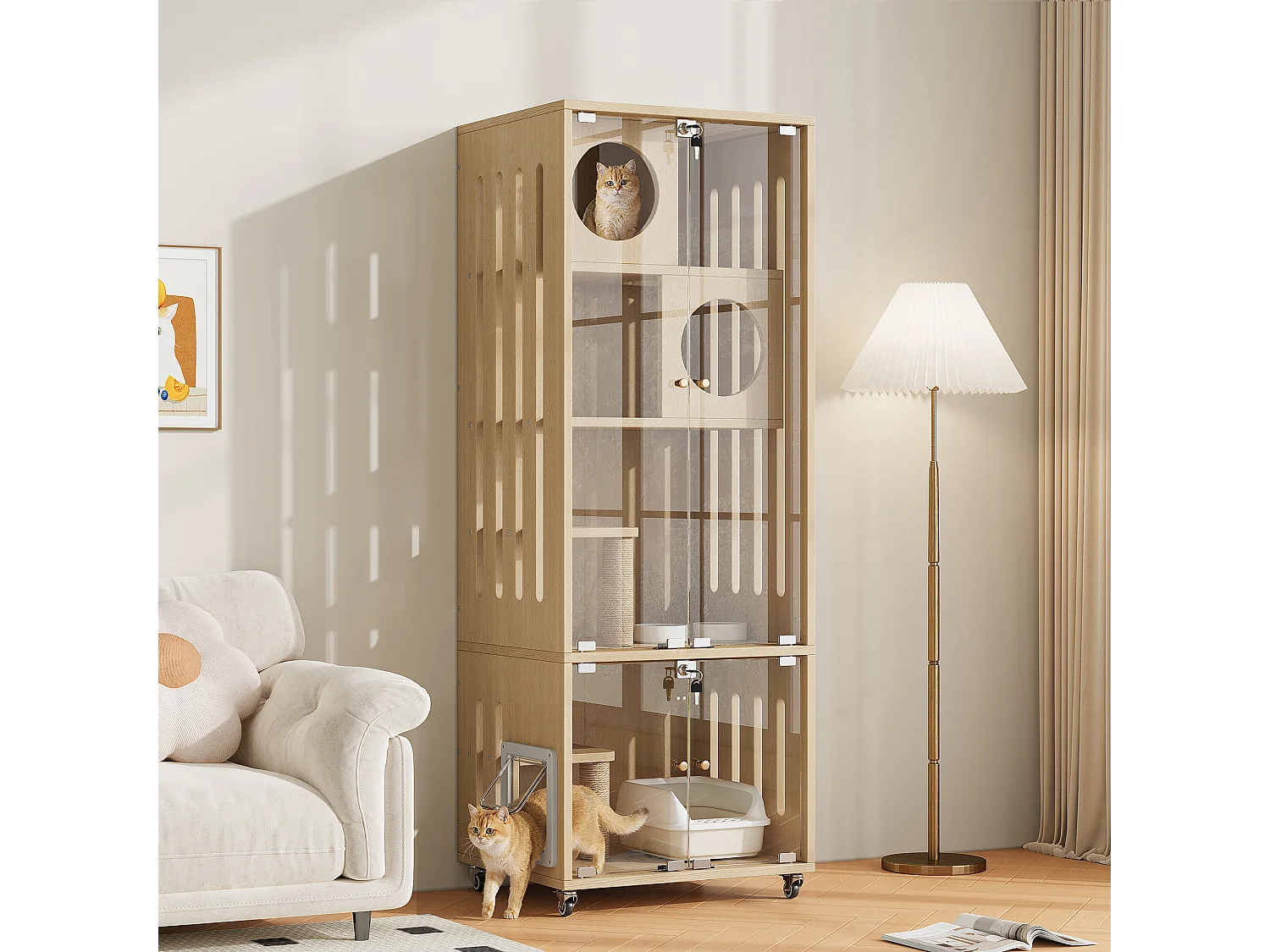 Maison pour chat, ville mobile pour chat, cage - Avec griffoir - Avec 2 portes vitrées - Naturel (Bac à litière non inclus)