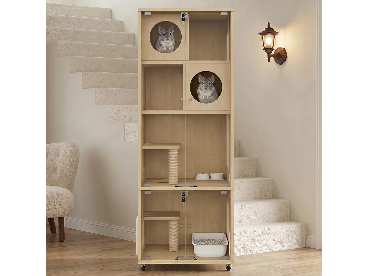 Maison pour chat, ville mobile pour chat, cage - Avec griffoir - Avec 2 portes vitrées - Naturel (Bac à litière non inclus)