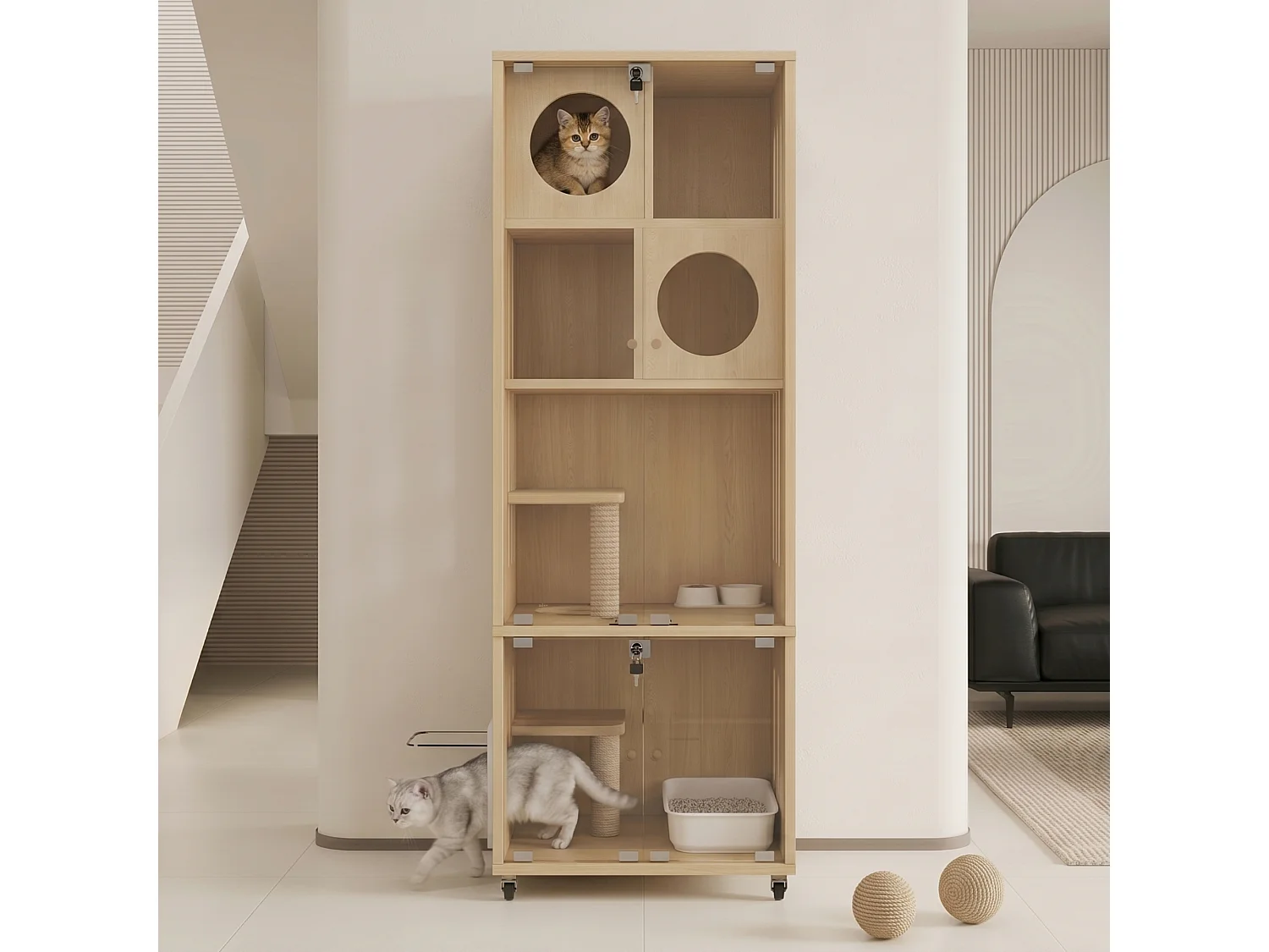 Maison pour chat, ville mobile pour chat, cage - Avec griffoir - Avec 2 portes vitrées - Naturel (Bac à litière non inclus)