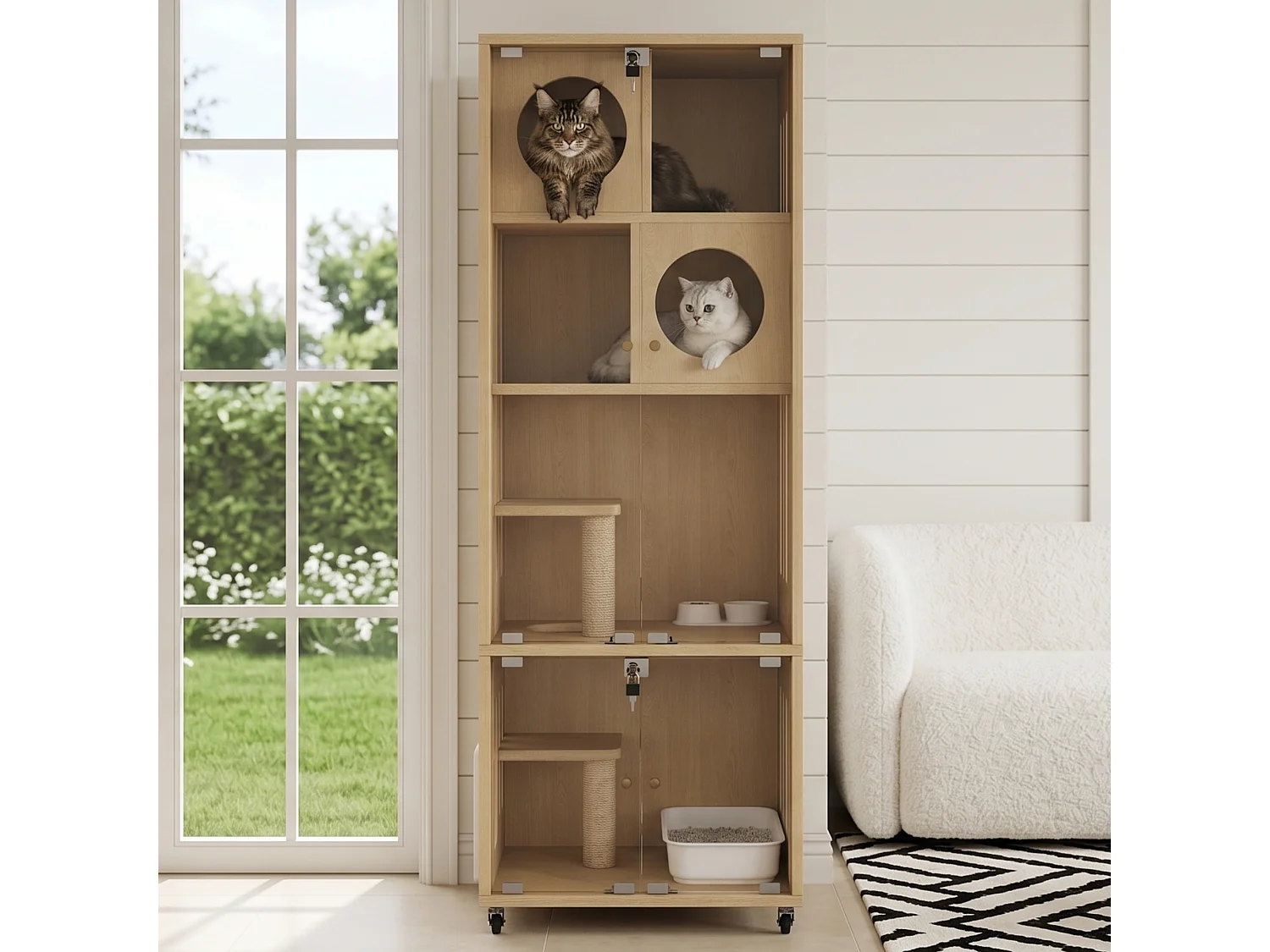 Maison pour chat, ville mobile pour chat, cage - Avec griffoir - Avec 2 portes vitrées - Naturel (Bac à litière non inclus)