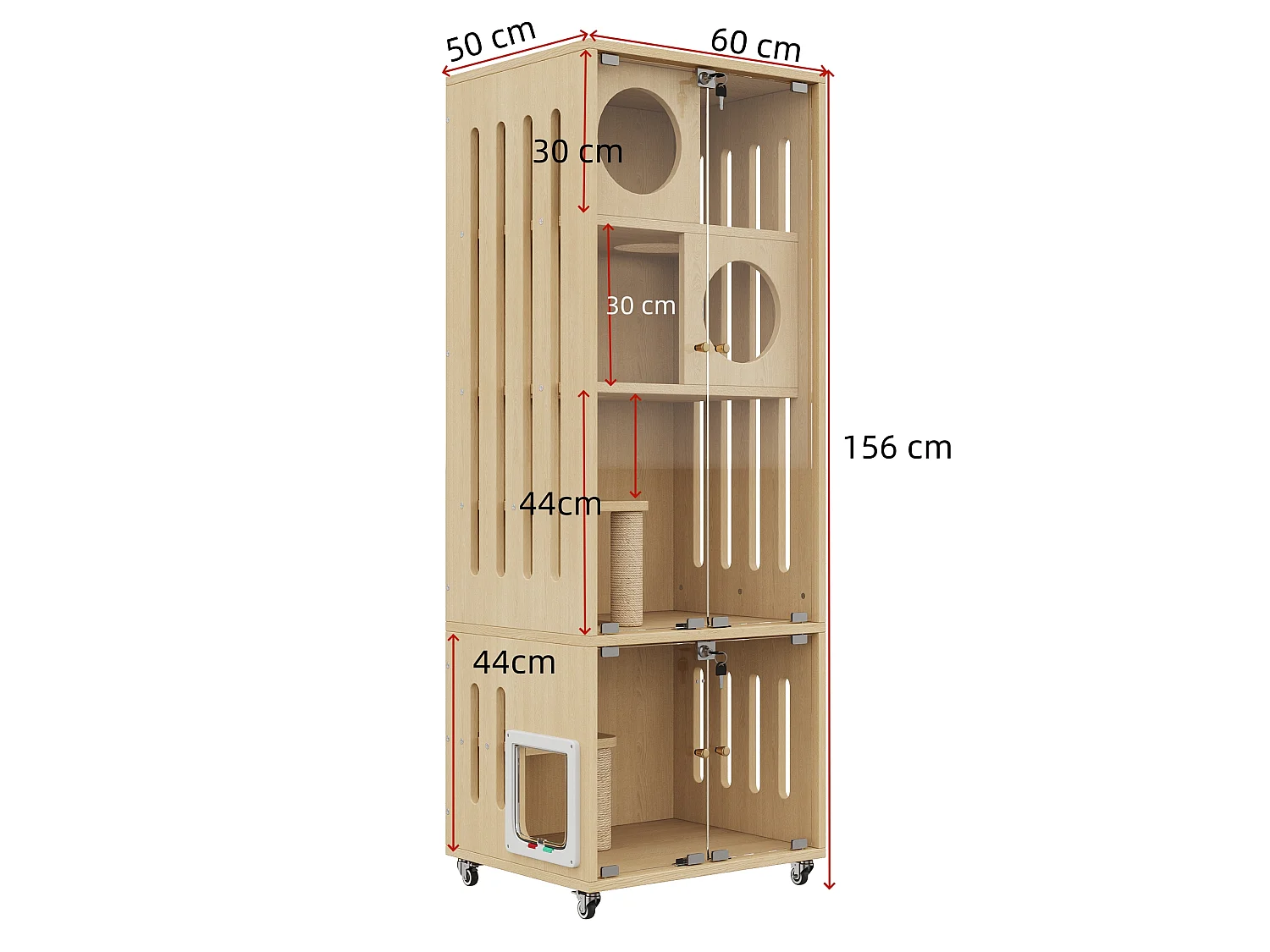 Maison pour chat, ville mobile pour chat, cage - Avec griffoir - Avec 2 portes vitrées - Naturel (Bac à litière non inclus)