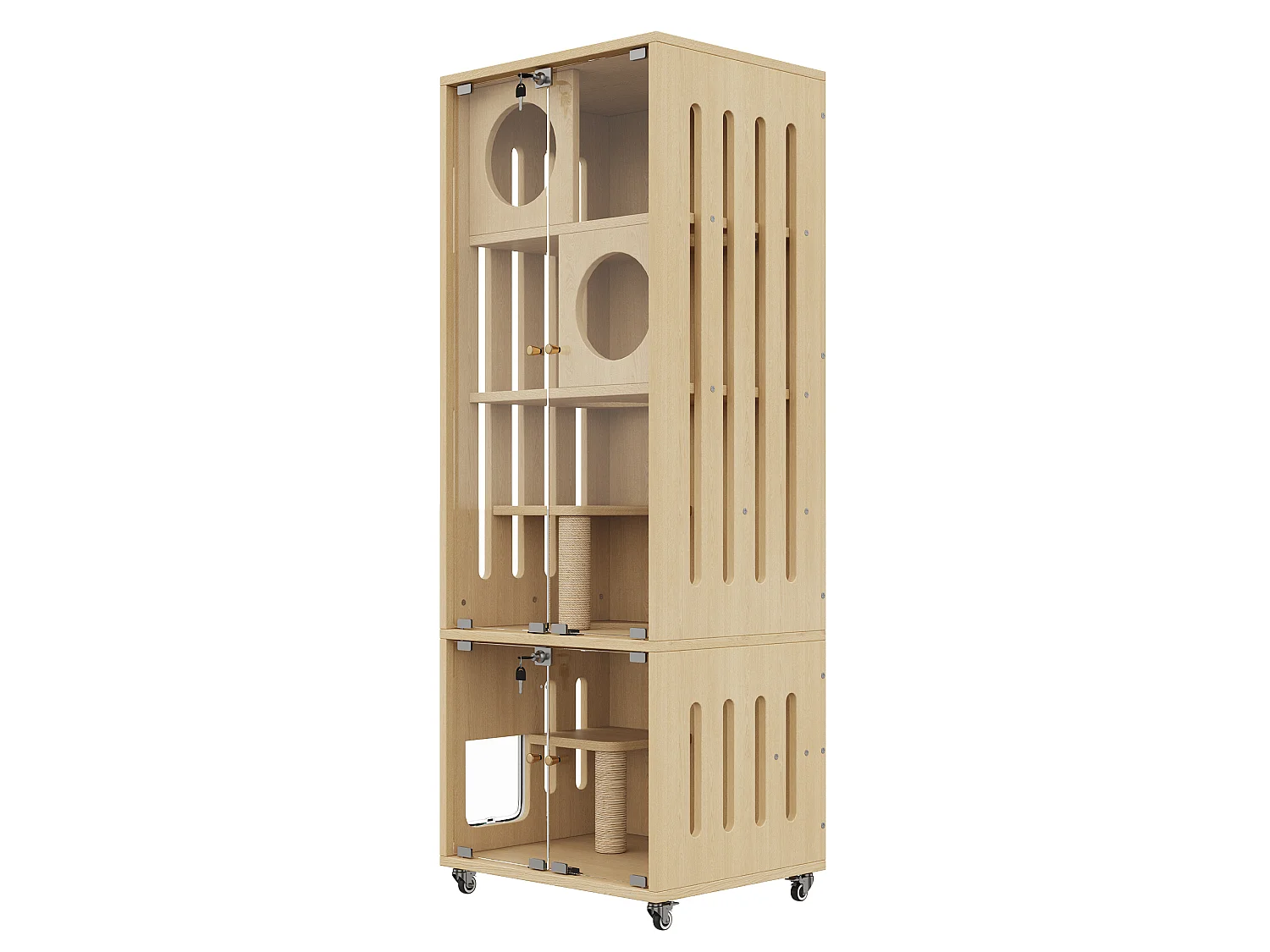 Maison pour chat, ville mobile pour chat, cage - Avec griffoir - Avec 2 portes vitrées - Naturel (Bac à litière non inclus)