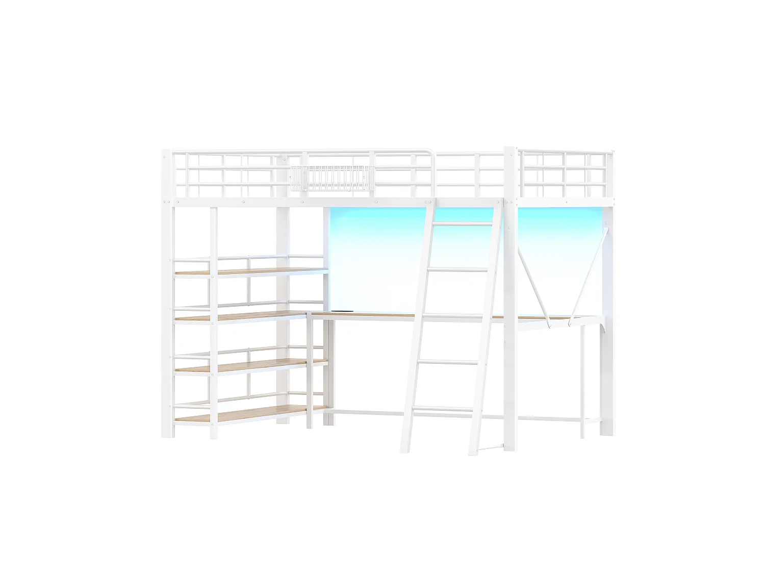Lit mezzanine en métal 140x200 cm - Avec bureau, panier de rangement et étagère - Port USB et éclairage LED - Blanc (sans matelas)