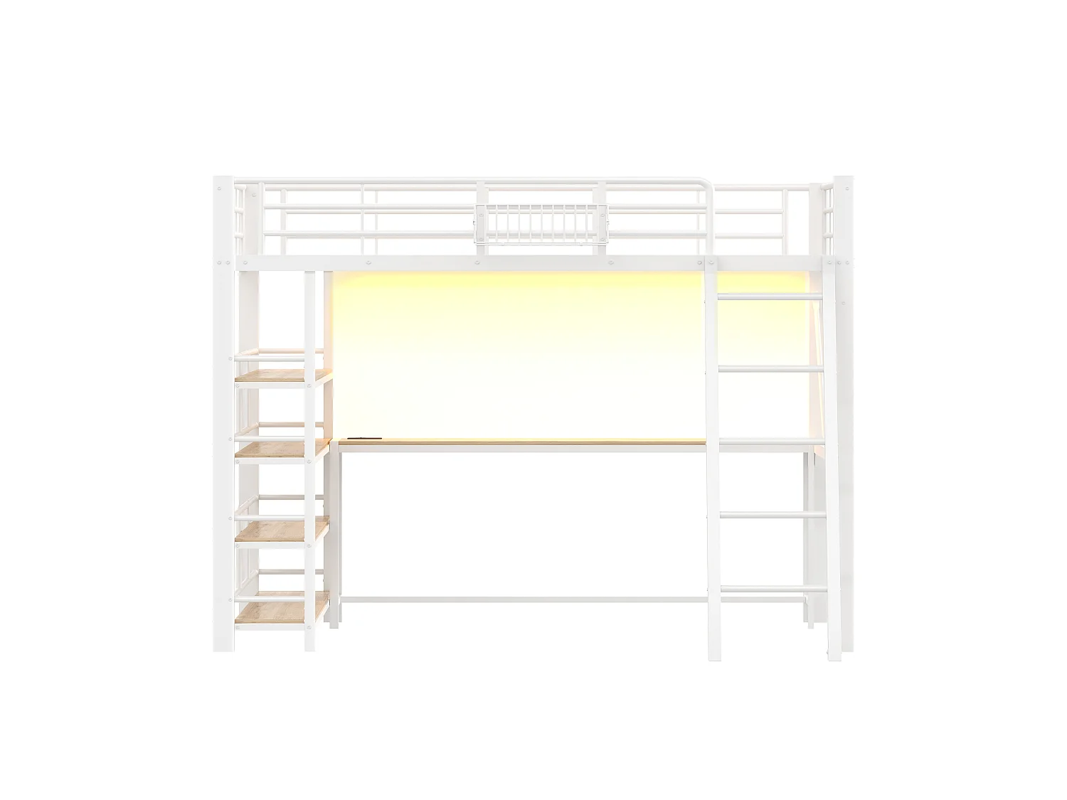 Lit mezzanine en métal 140x200 cm - Avec bureau, panier de rangement et étagère - Port USB et éclairage LED - Blanc (sans matelas)