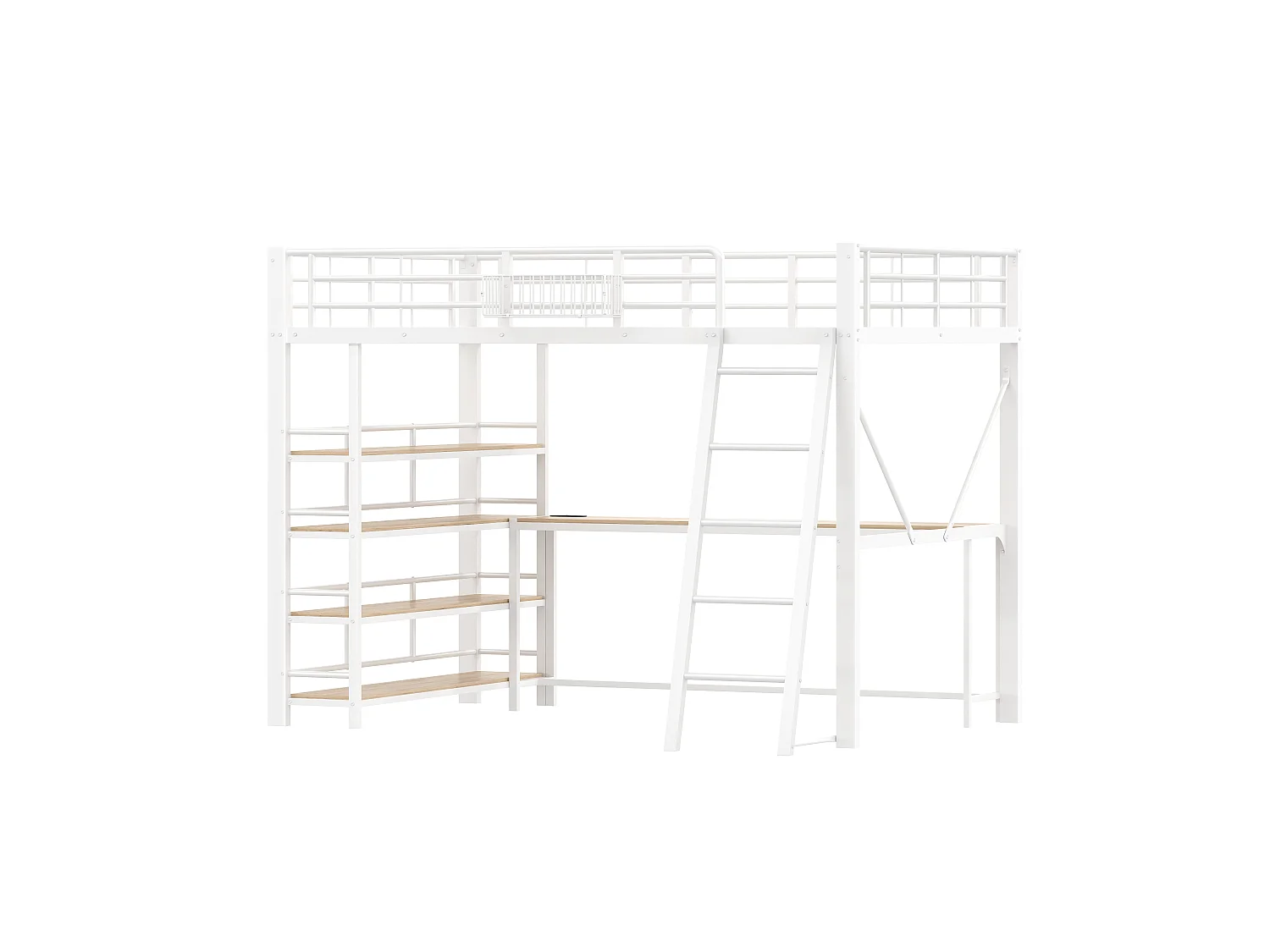 Lit mezzanine en métal 140x200 cm - Avec bureau, panier de rangement et étagère - Port USB et éclairage LED - Blanc (sans matelas)