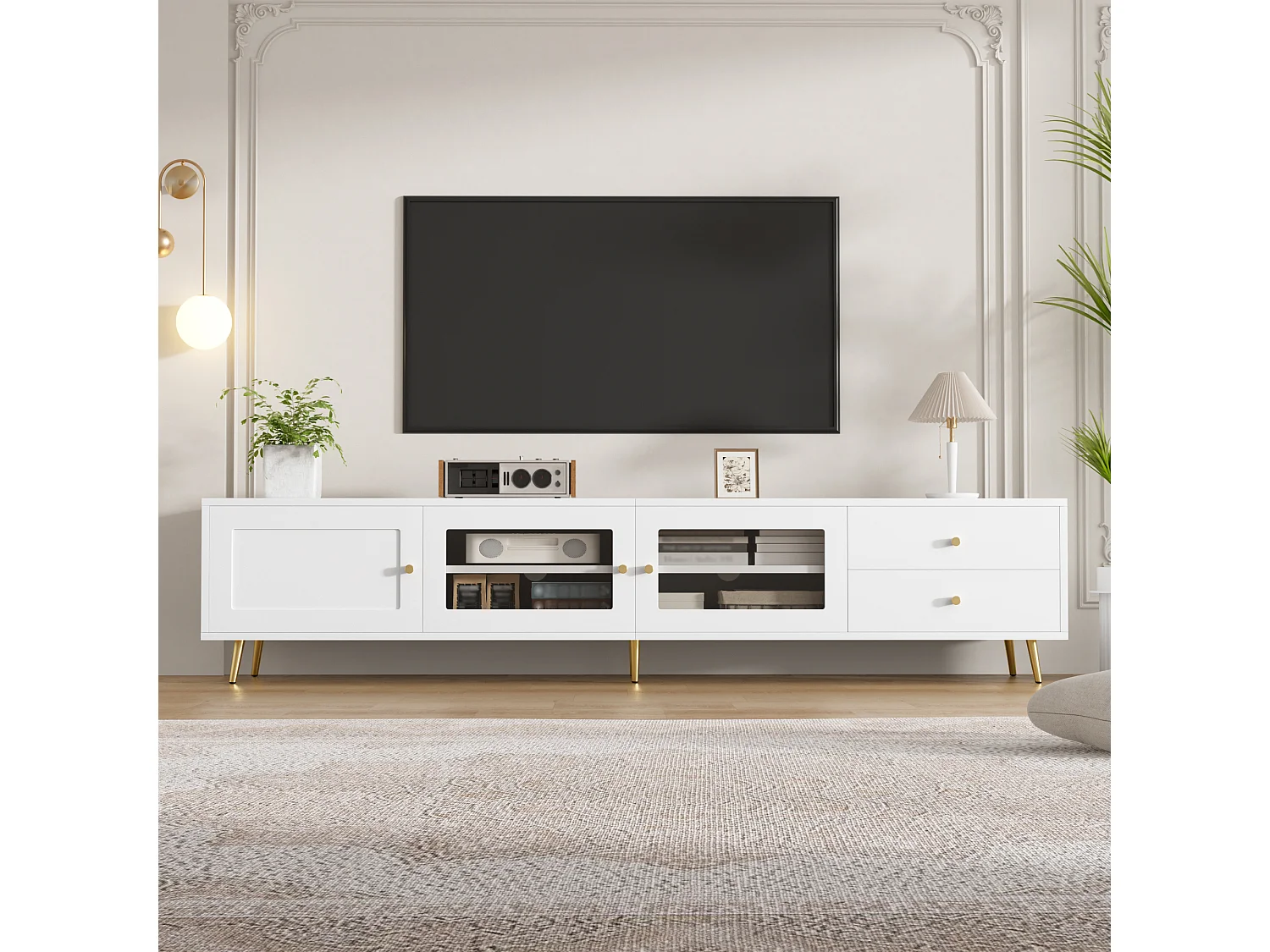 Modern TV-möbel 170x40x28cm - med 2 lådor och 3 dörrar - Justerbara hyllor och metallhandtag - vit