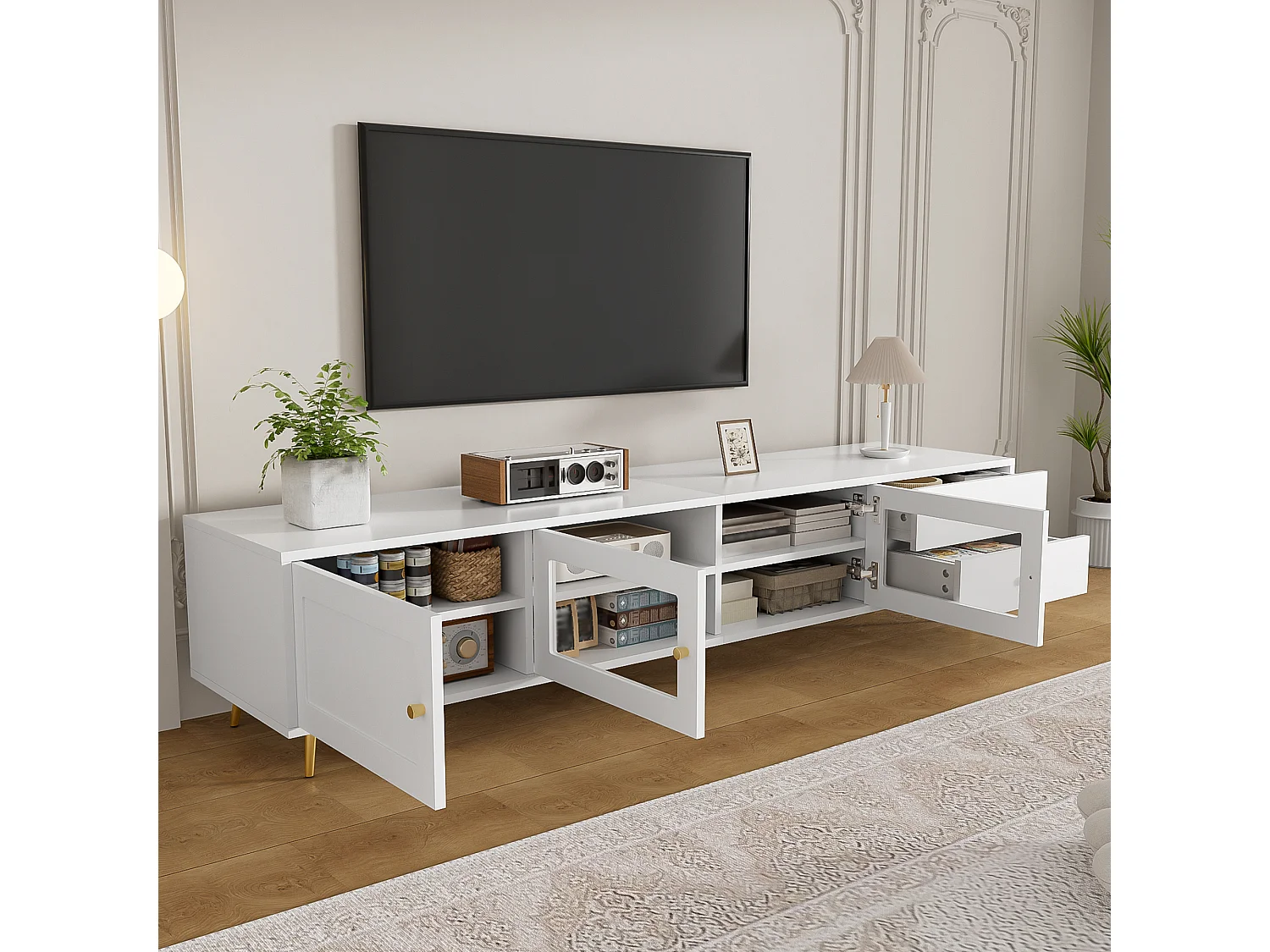 Modern TV-möbel 170x40x28cm - med 2 lådor och 3 dörrar - Justerbara hyllor och metallhandtag - vit